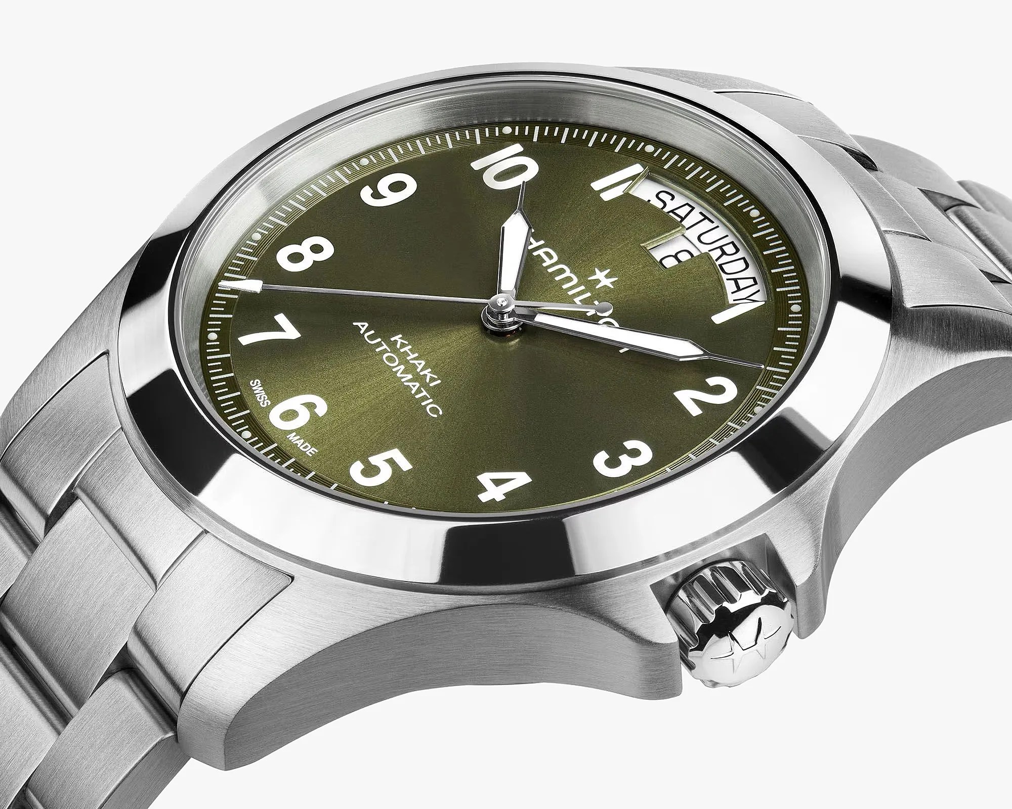 Stainless steel Hamilton Khaki Automatic watch with olive green dial, white numerals, and day-date display.