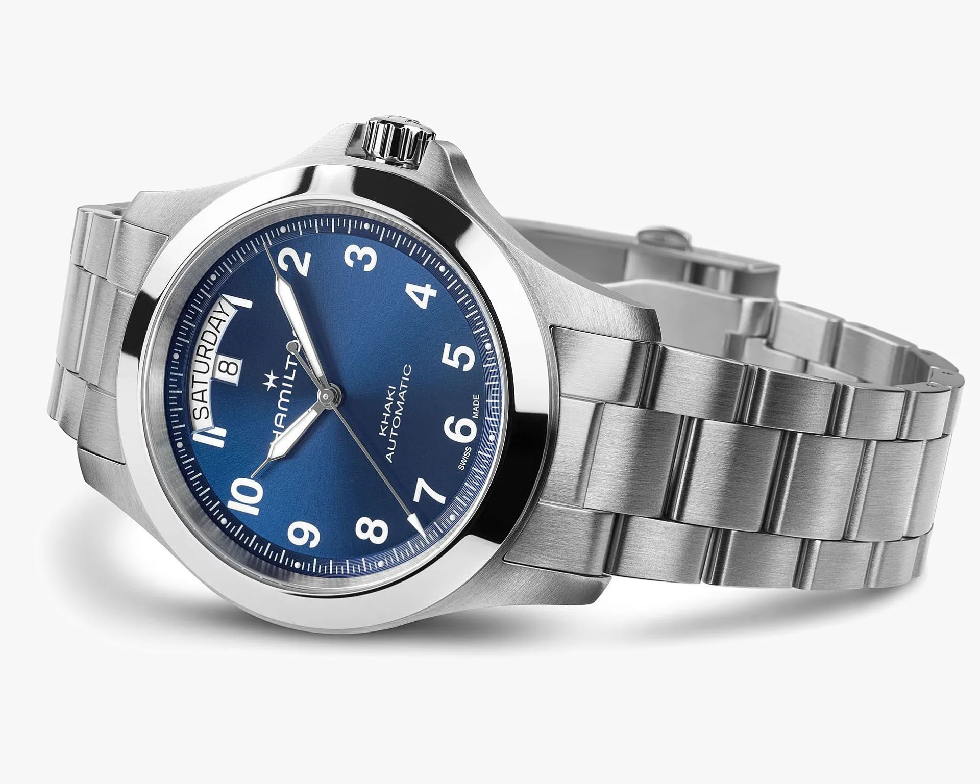 Silver stainless steel wristwatch with blue dial, white numerals, and day-date display.