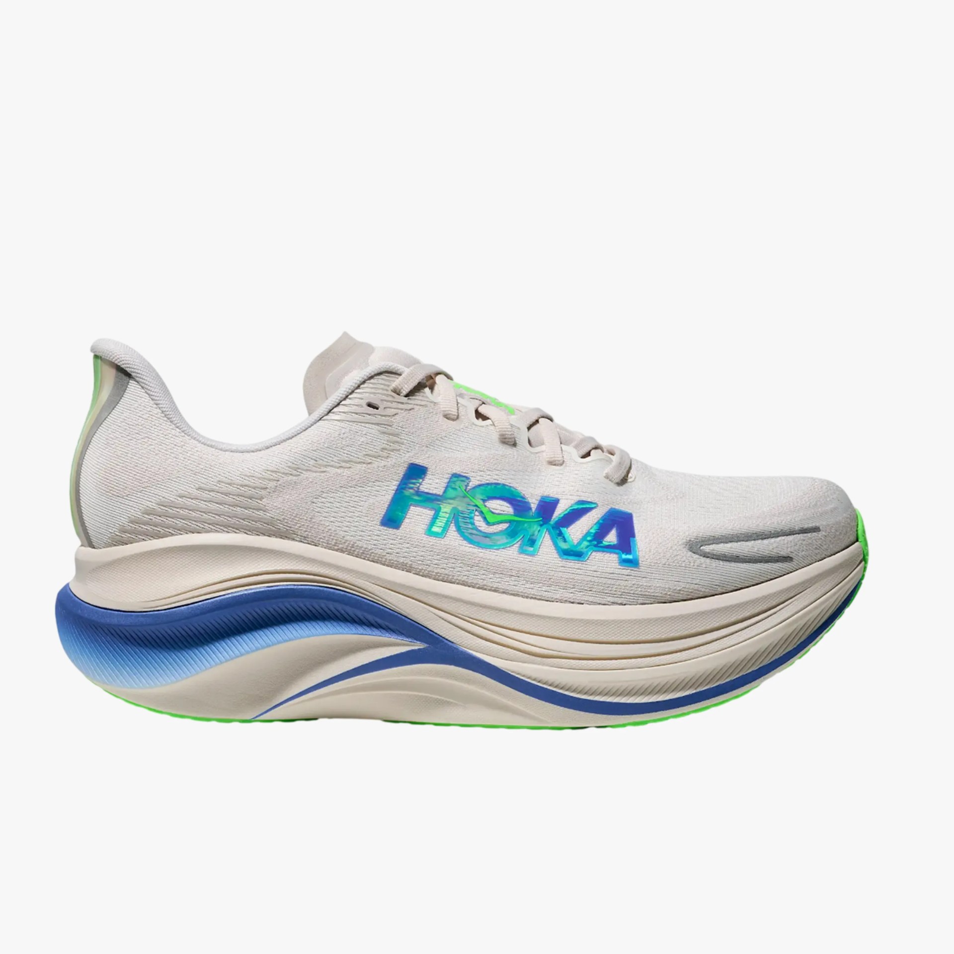 Light beige Hoka running shoe with blue and green gradient logo and thick blue-accented sole.