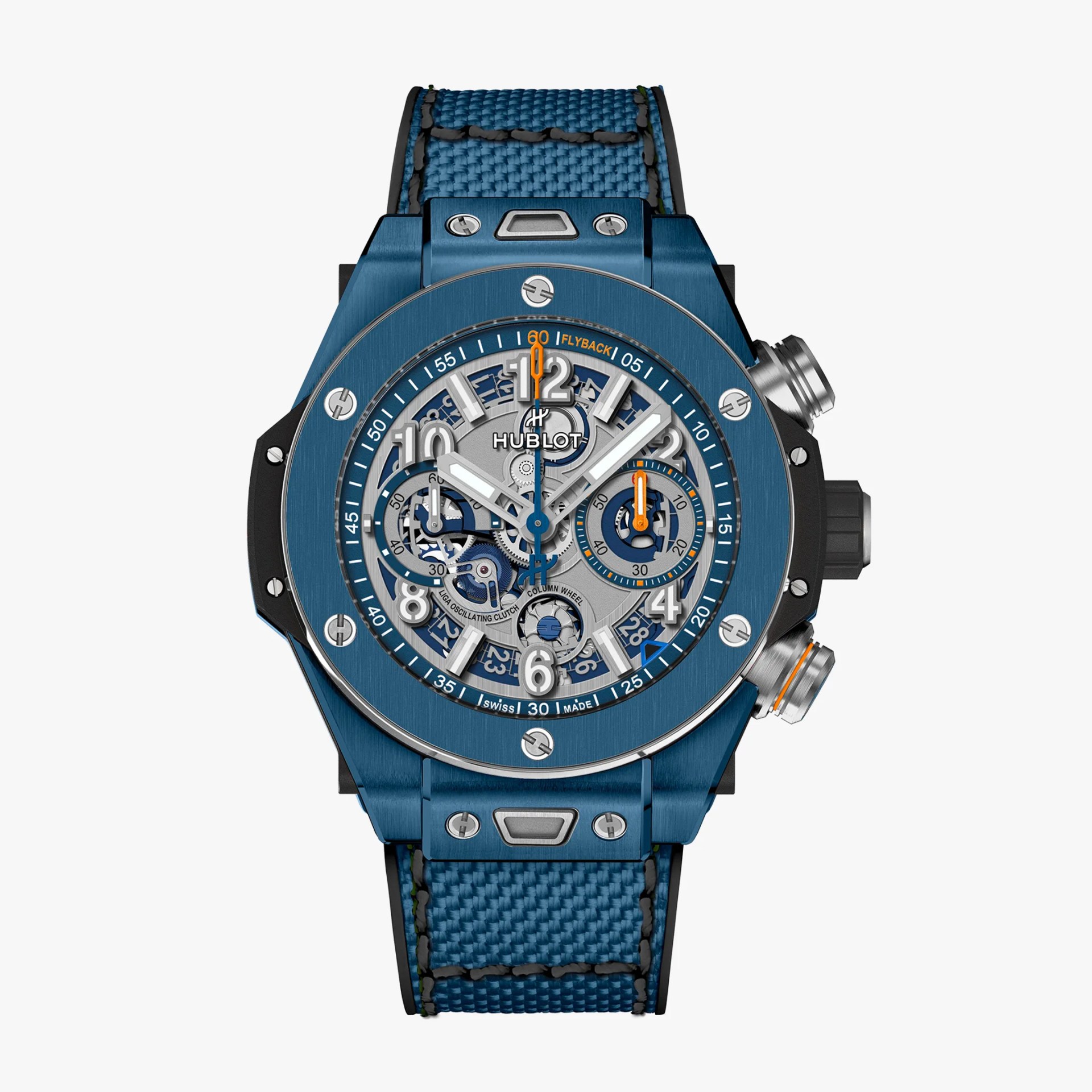 Blue Hublot wristwatch with a textured strap, skeleton dial, and multiple subdials with orange accents.