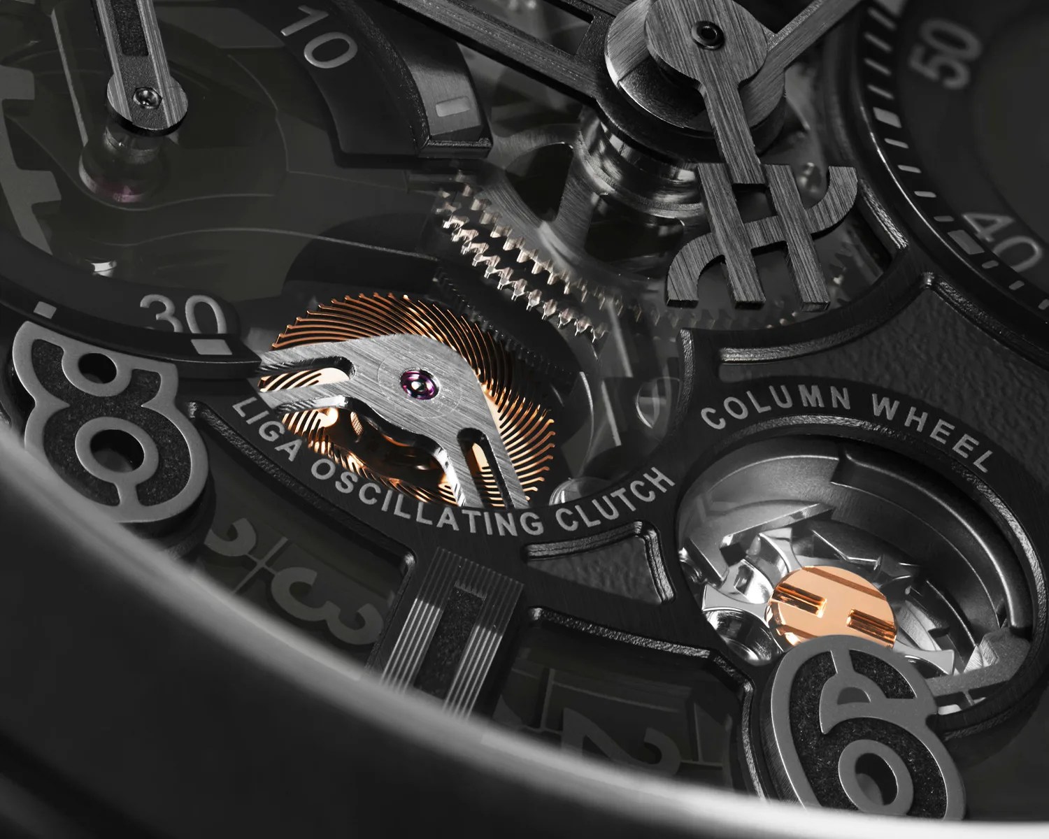 Close-up of a mechanical watch movement showing the Liga Oscillating Clutch and Column Wheel components with metallic and copper details.