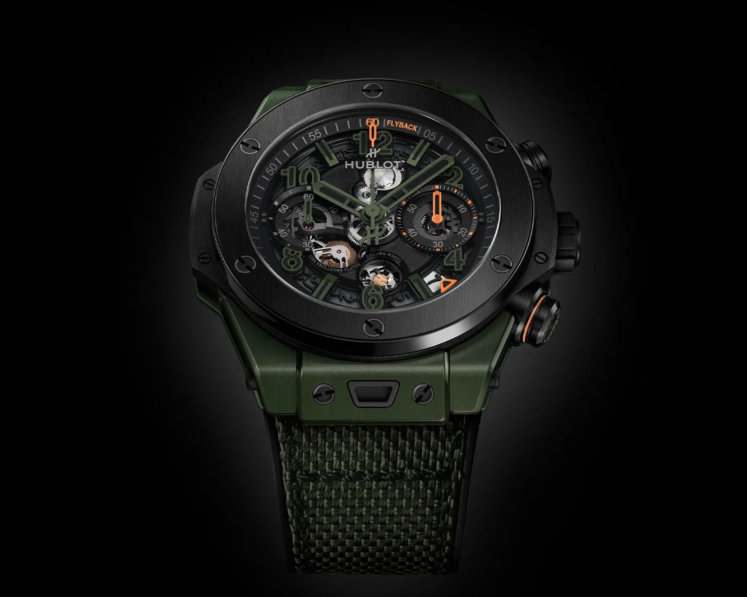 Black and green Hublot chronograph watch with transparent dial and green fabric strap.