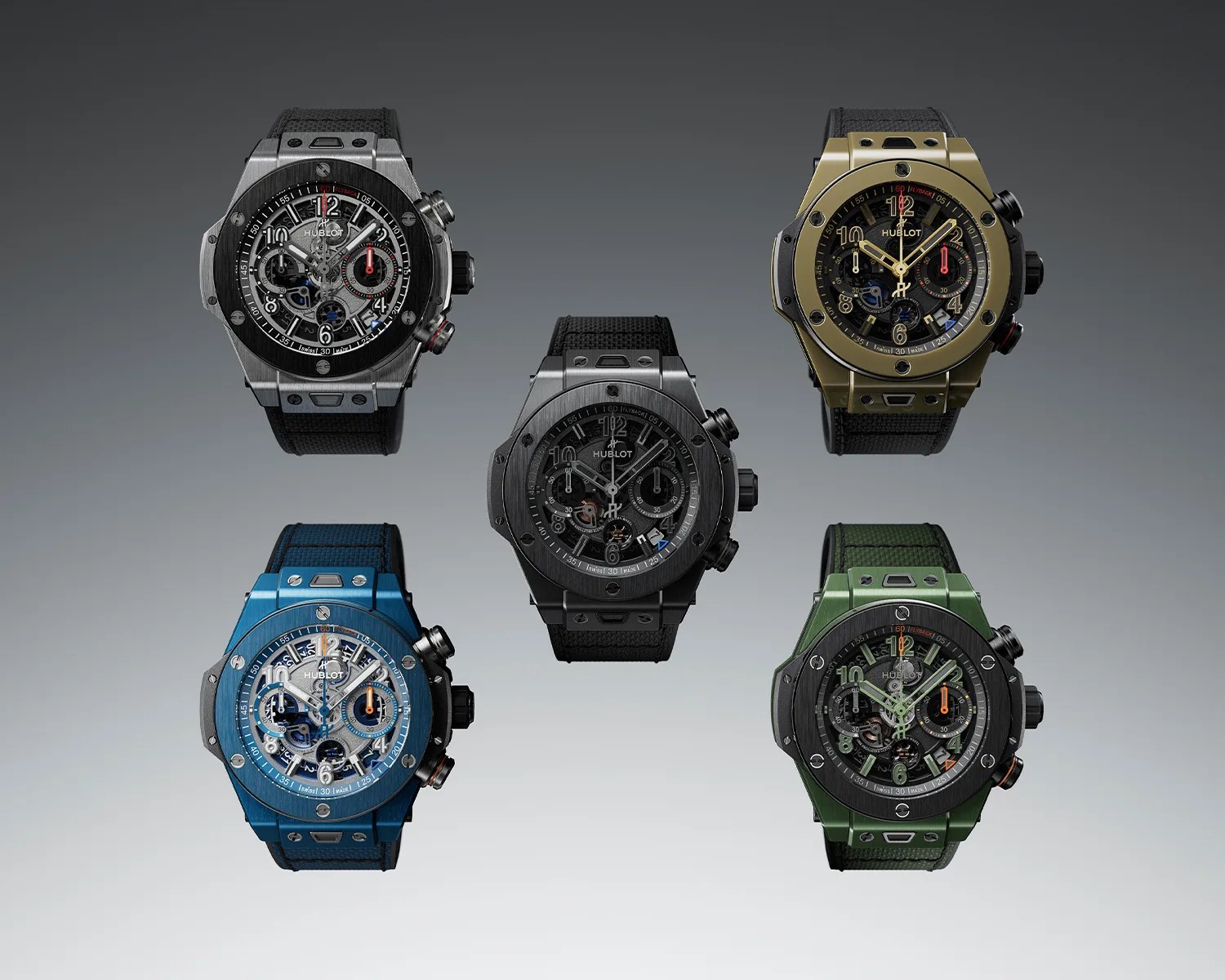 Five Hublot wristwatches in black, gold, blue, green, and silver with visible mechanical dials on a gray gradient background.