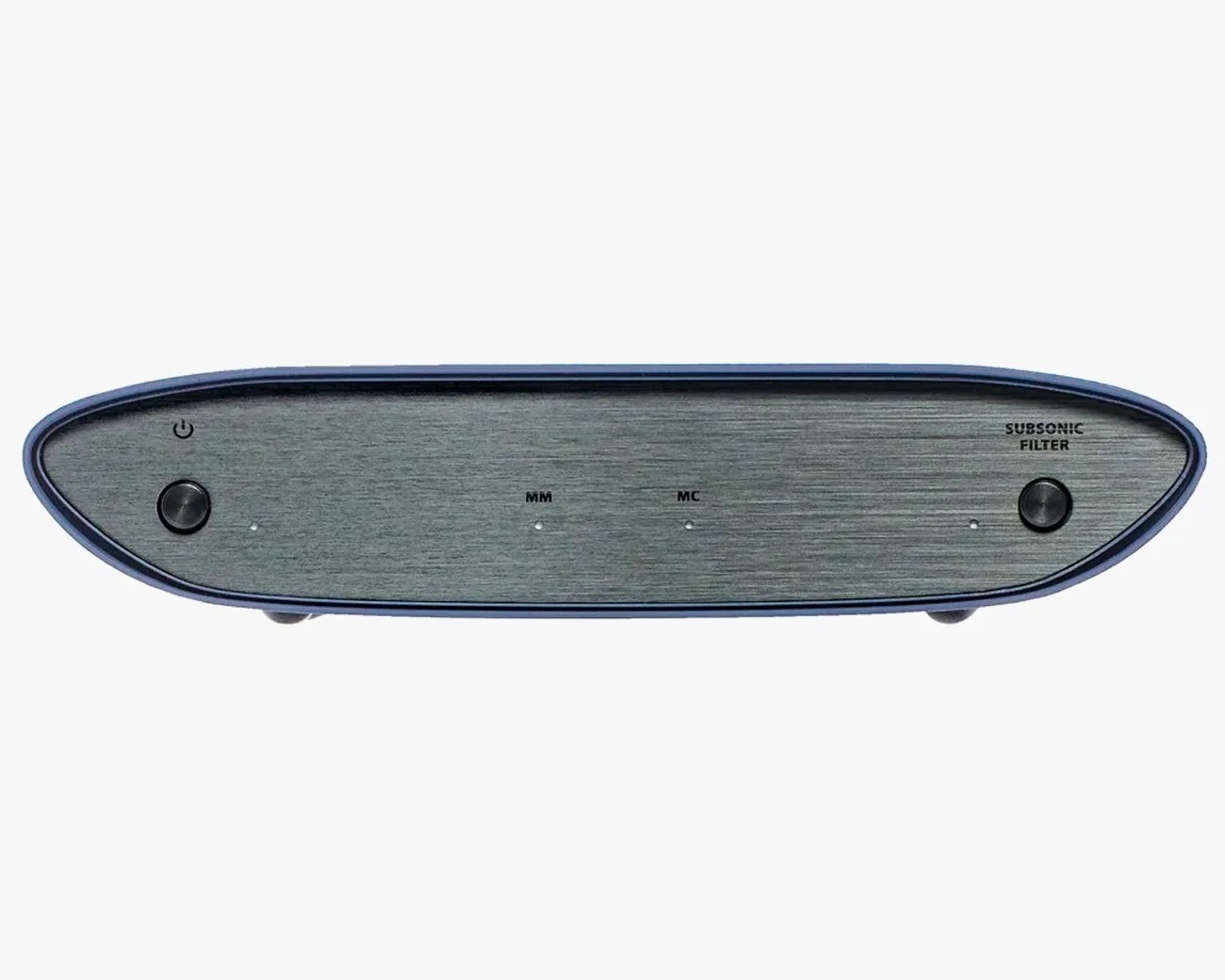 Oval-shaped audio device with brushed metal front panel, power and subsonic filter buttons, and MM/MC indicator lights.