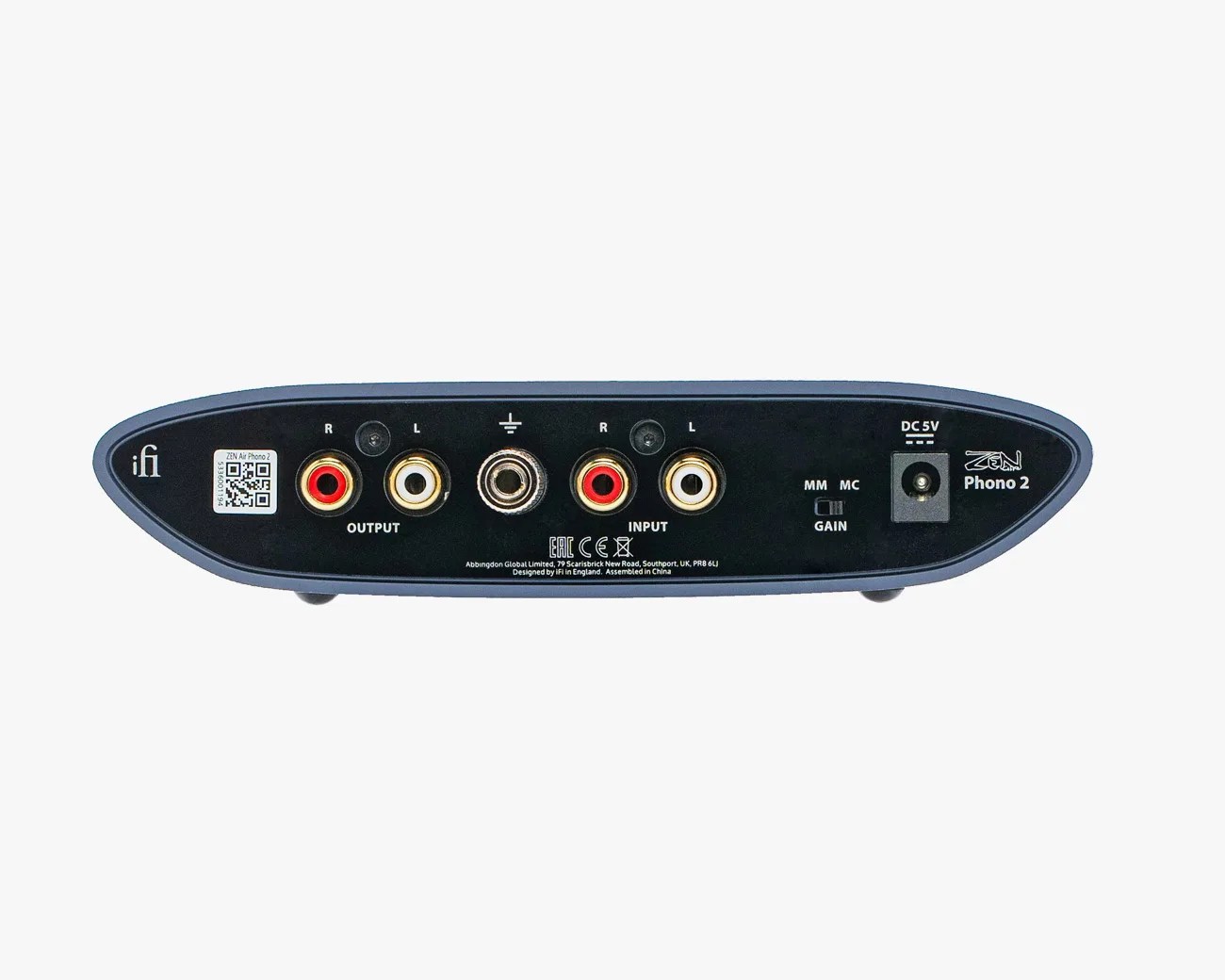 Rear view of a black iFi Zen Phono 2 audio device showing RCA input/output ports, ground connector, gain switch, and DC 5V power input.