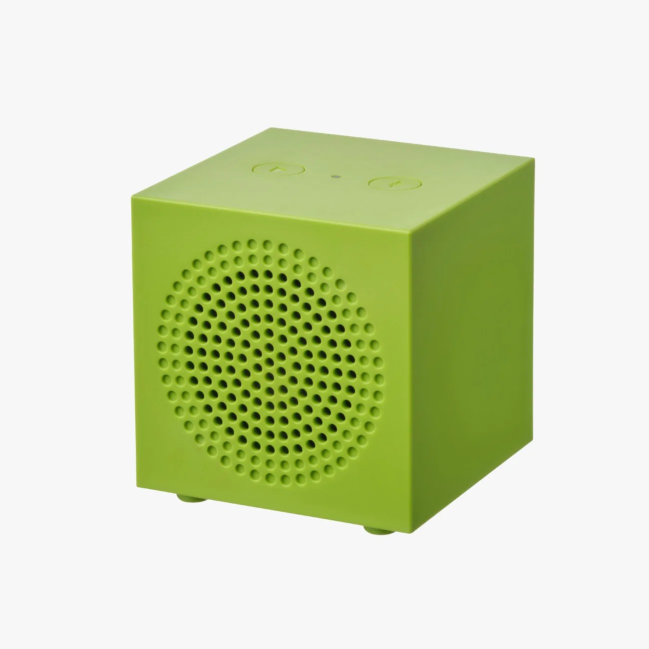 Small lime green cube-shaped Bluetooth speaker with circular perforated front grille and two buttons on top.