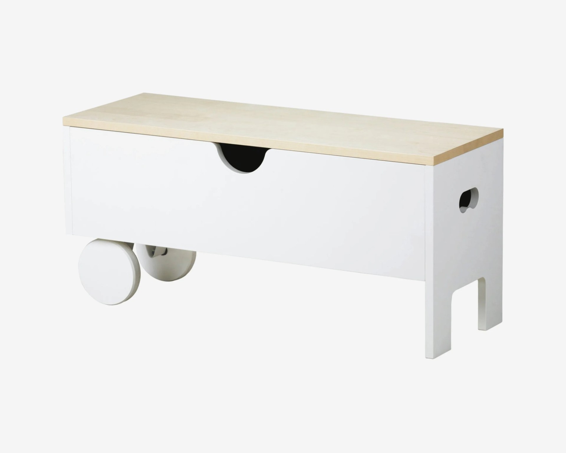 White wooden storage bench with a light wood top and large round wheels on one side.