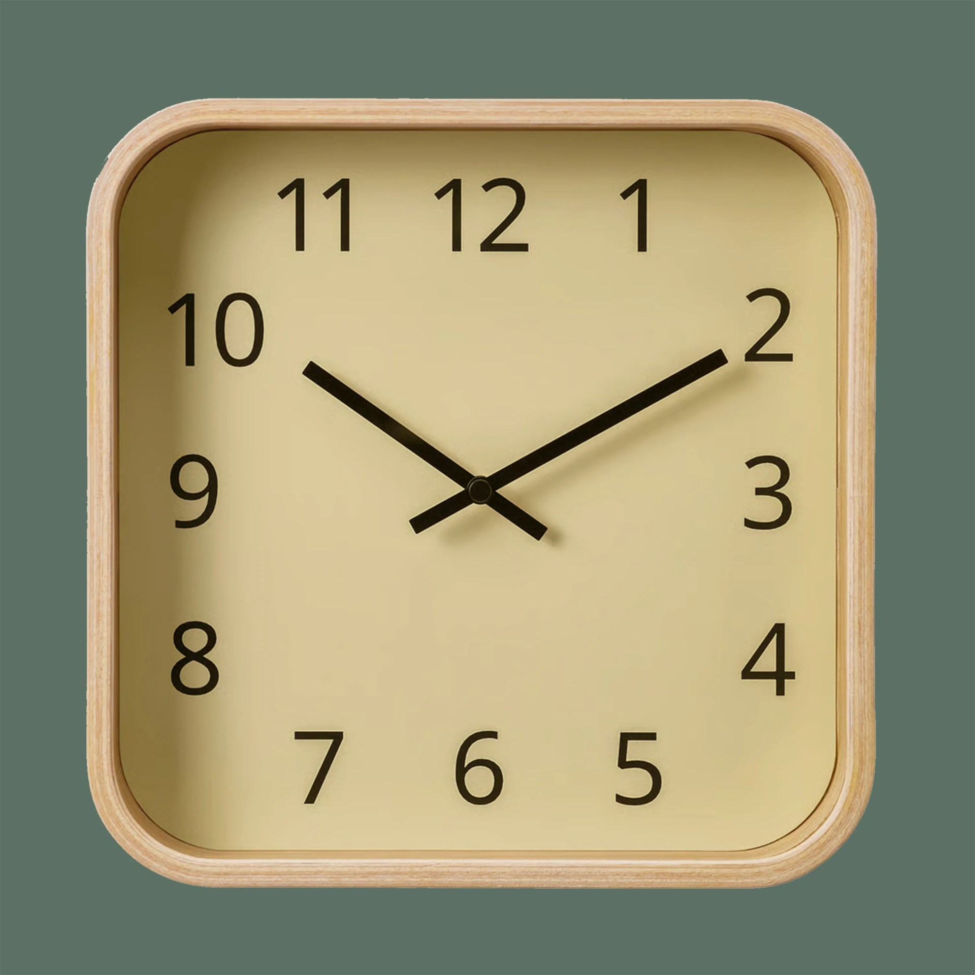 Square wall clock with rounded wooden frame, beige face, and black numbers and hands showing 10:10.