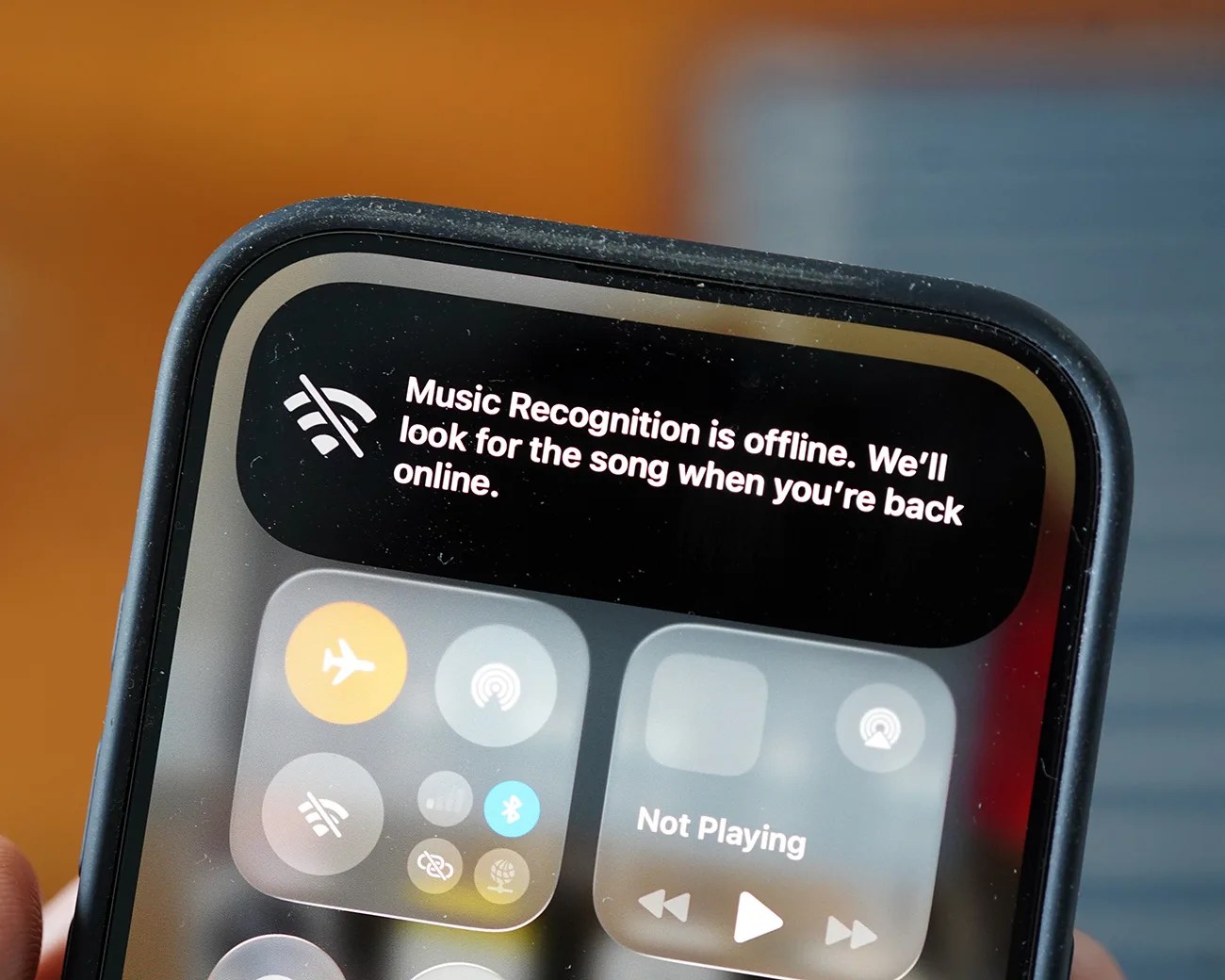 Smartphone screen showing "Music Recognition is offline. We'll look for the song when you're back online" message.