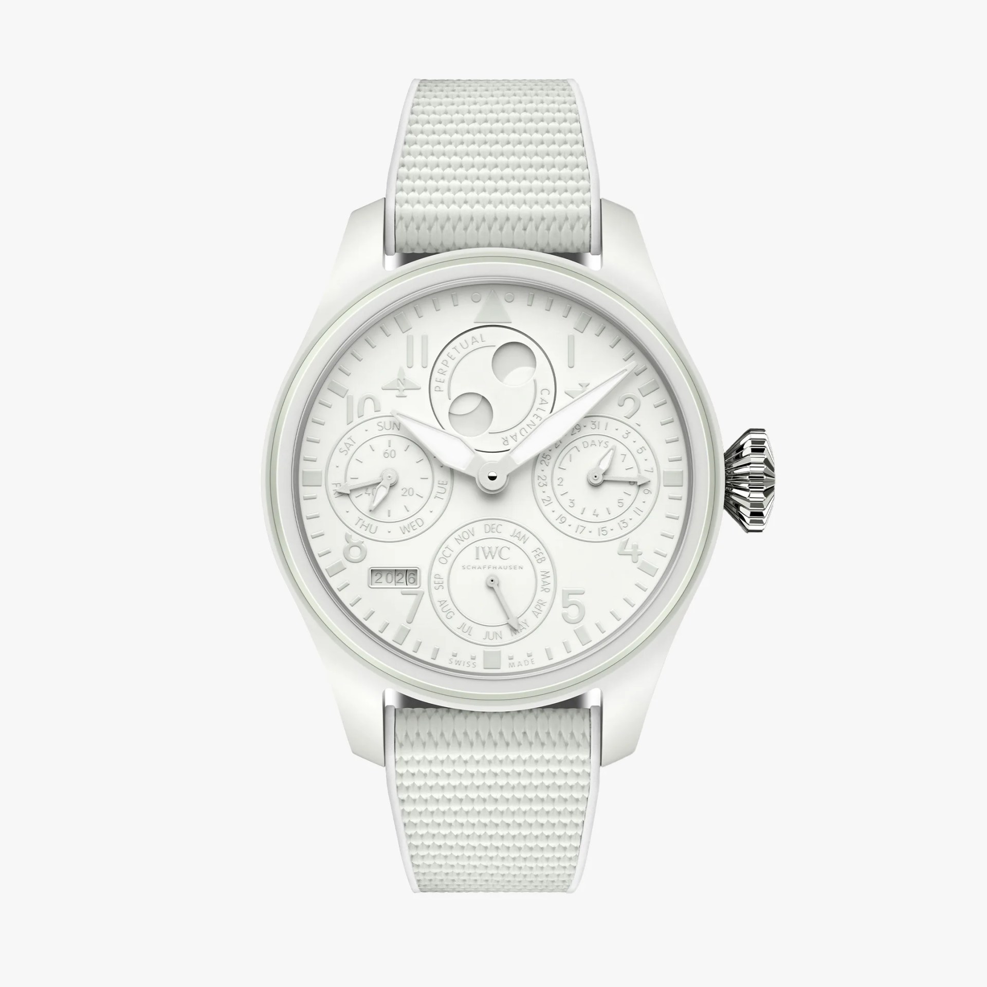 White wristwatch with textured strap, multiple subdials, and a silver crown on the right side.