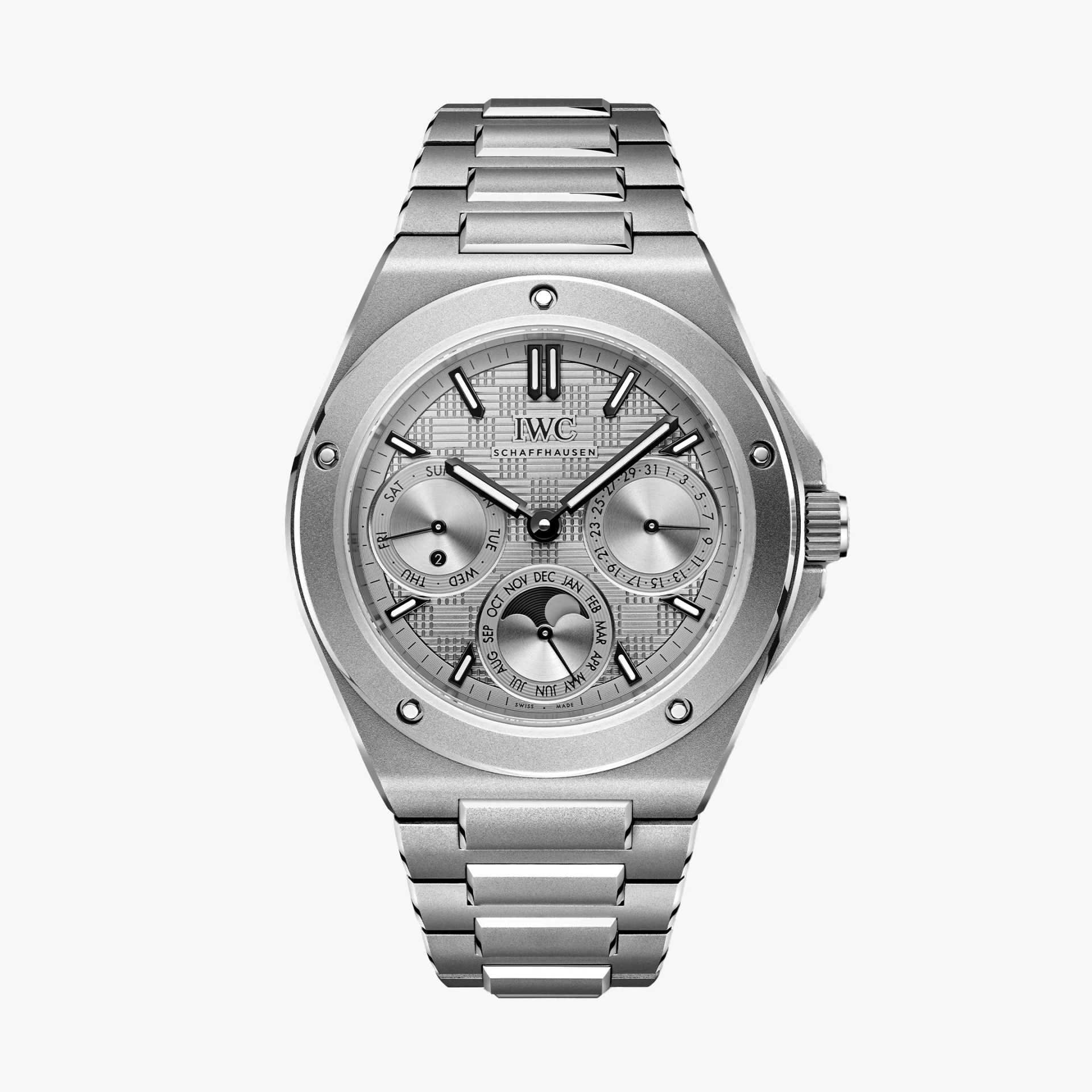 Silver IWC Schaffhausen wristwatch with a metal link bracelet and multiple subdials on the face.