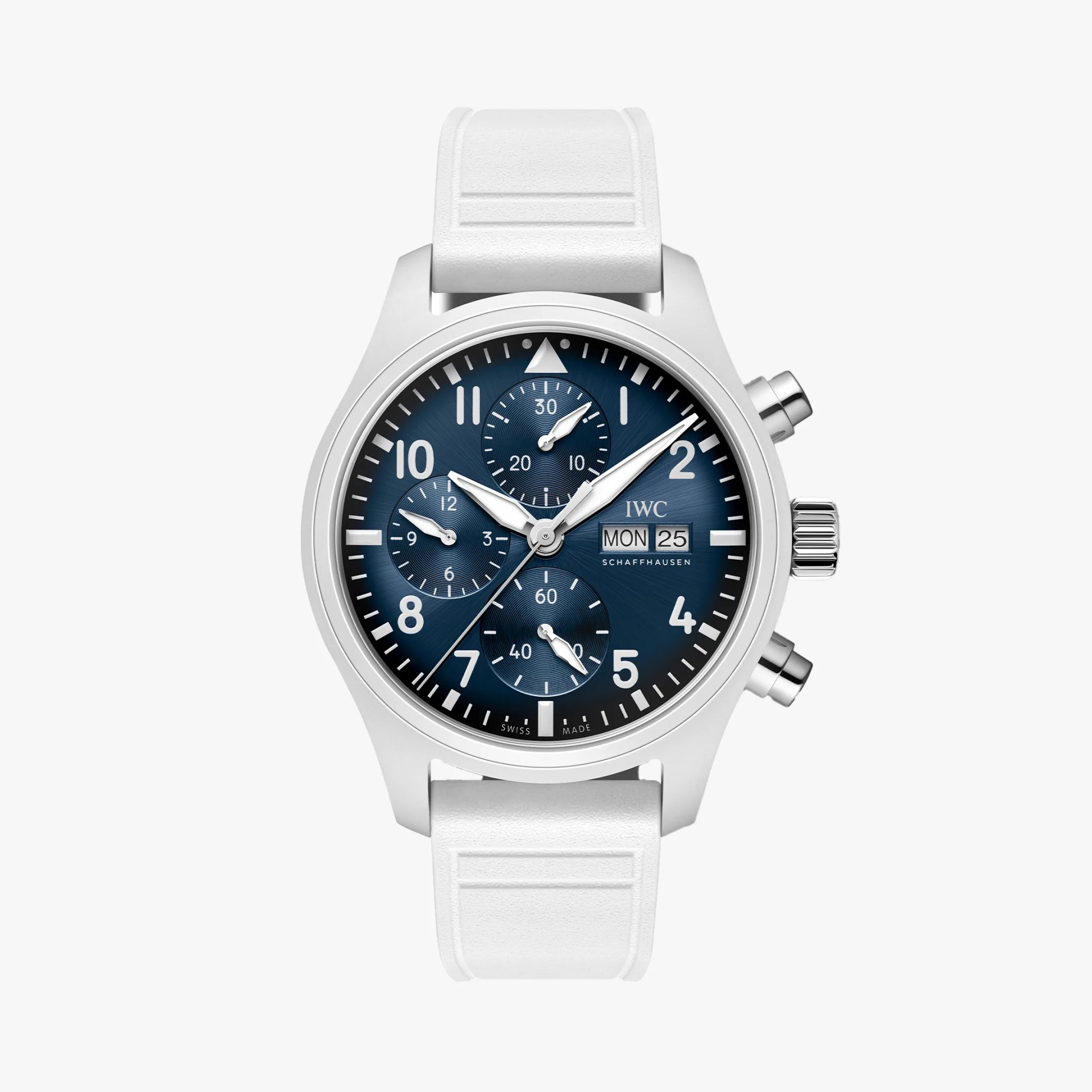 white chronograph wristwatch with blue dial, white numerals, and white rubber strap.
