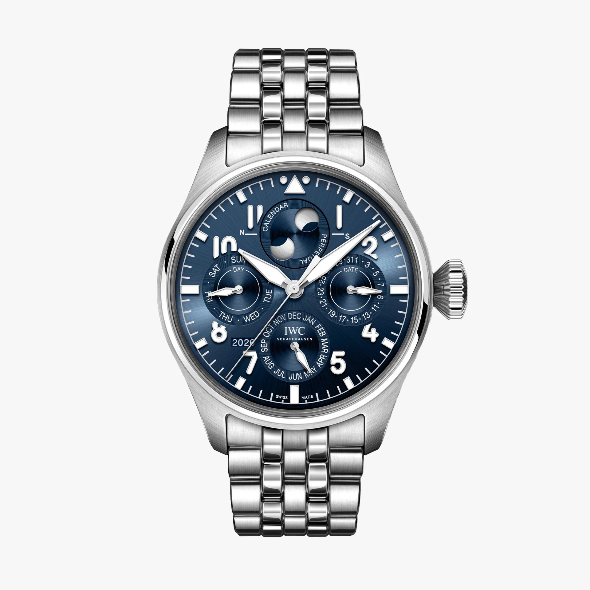 Silver metal bracelet watch with blue dial featuring multiple subdials and moon phase indicator.