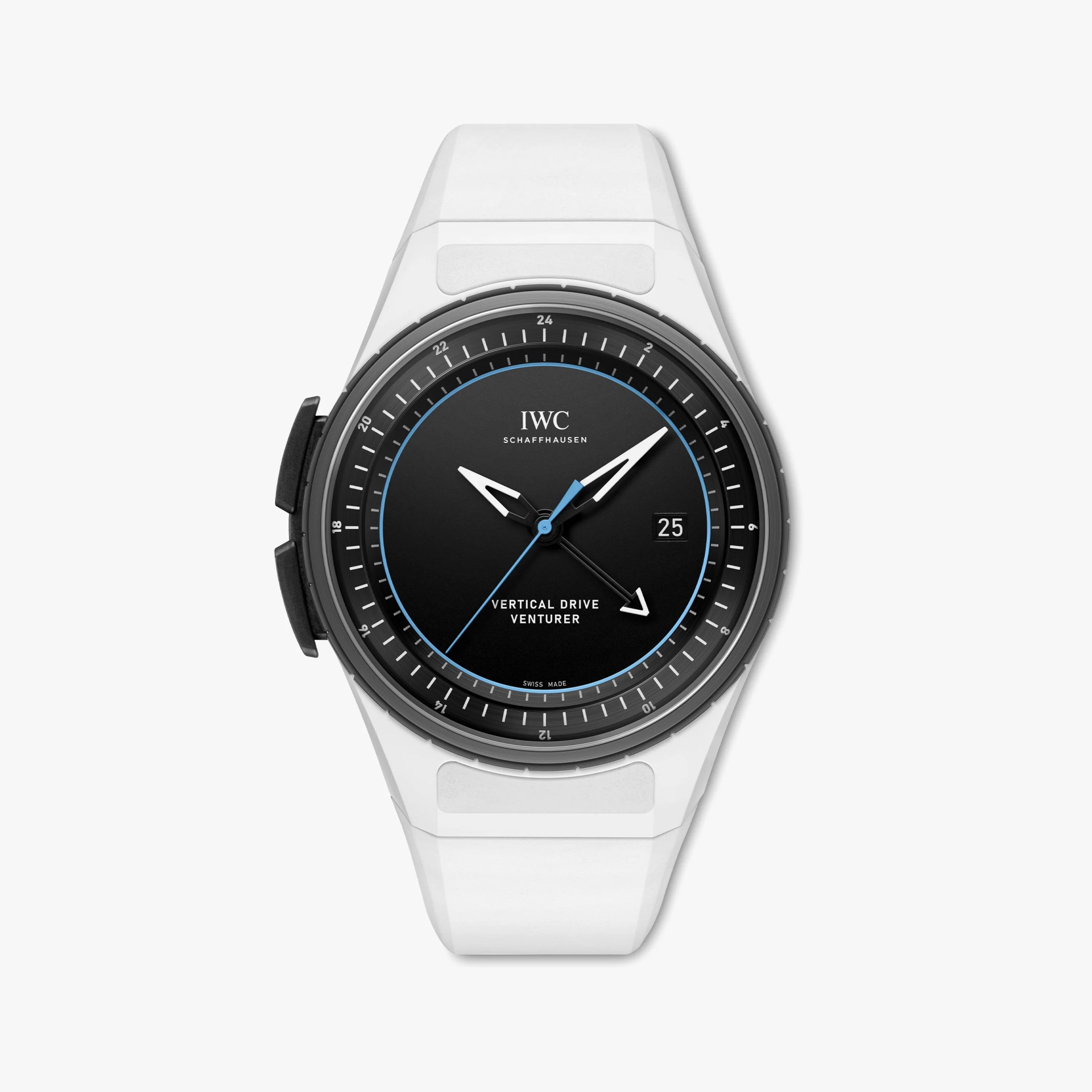 Black dial IWC Schaffhausen Vertical Drive Venturer watch with white hour and minute hands, blue second hand, date display, and white strap.