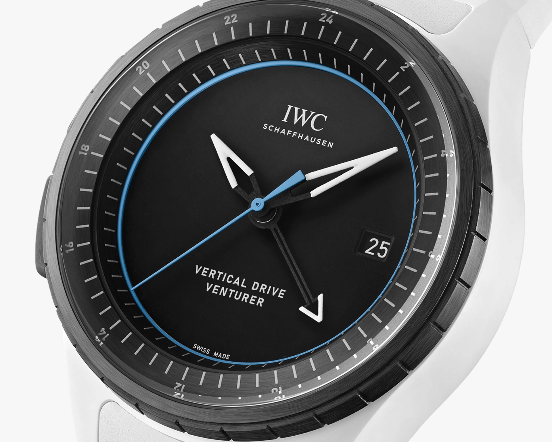 Close-up of a black IWC Schaffhausen Vertical Drive Venturer watch face with white and blue hands and a date window showing 25.