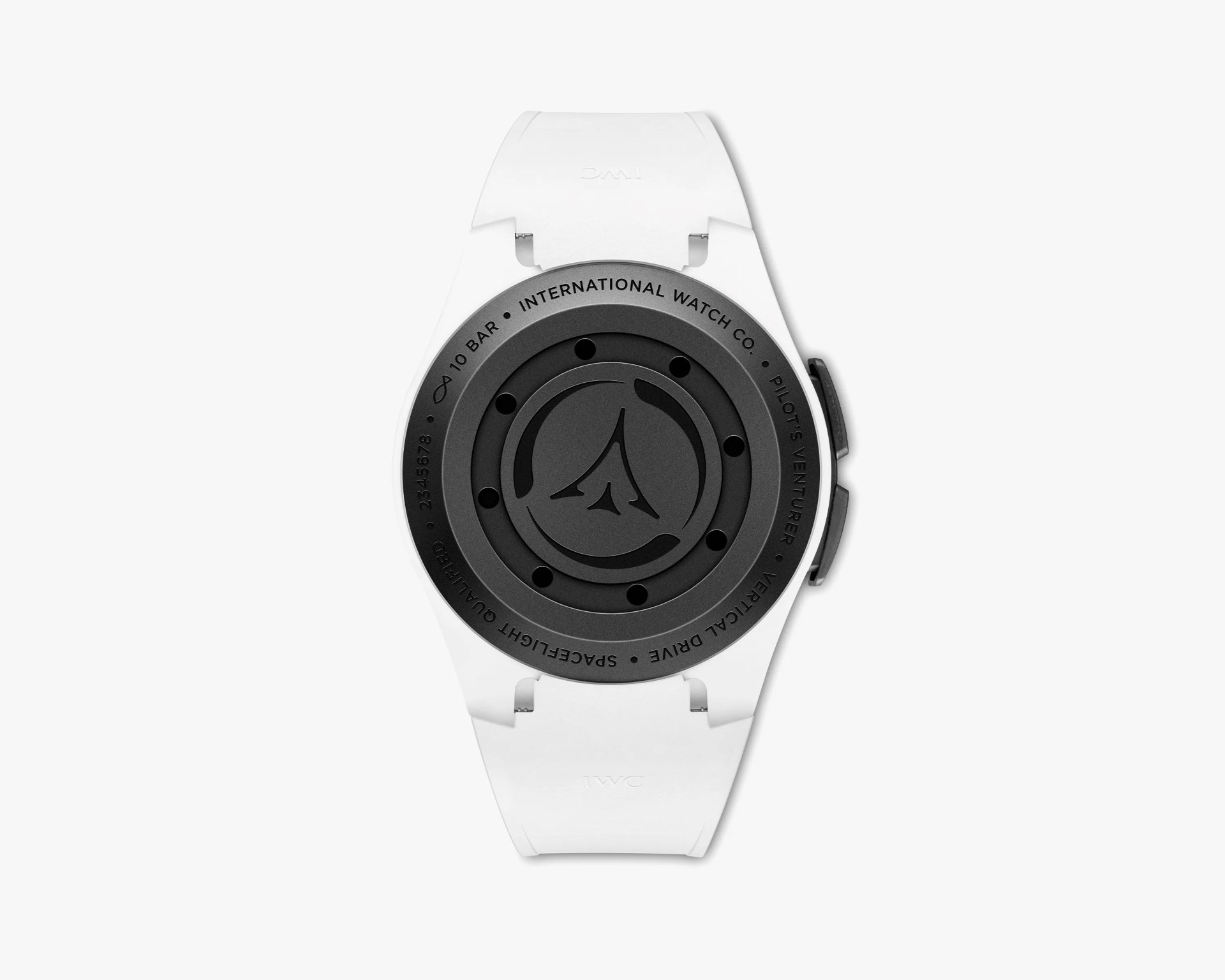White wristwatch with black circular backplate featuring engraved text and a central logo.