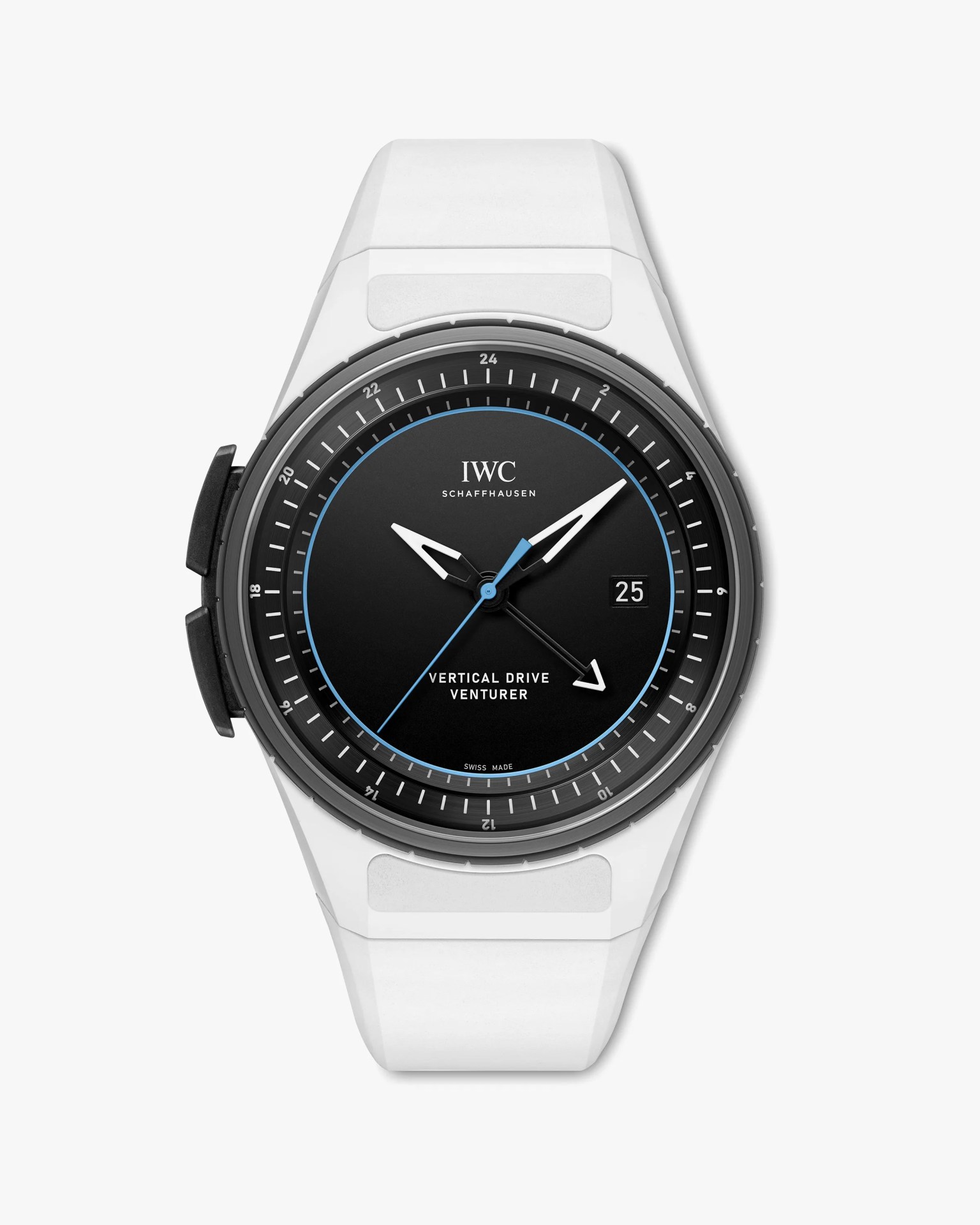 White IWC Schaffhausen Vertical Drive Venturer watch with black dial, white and blue hands, and date display.