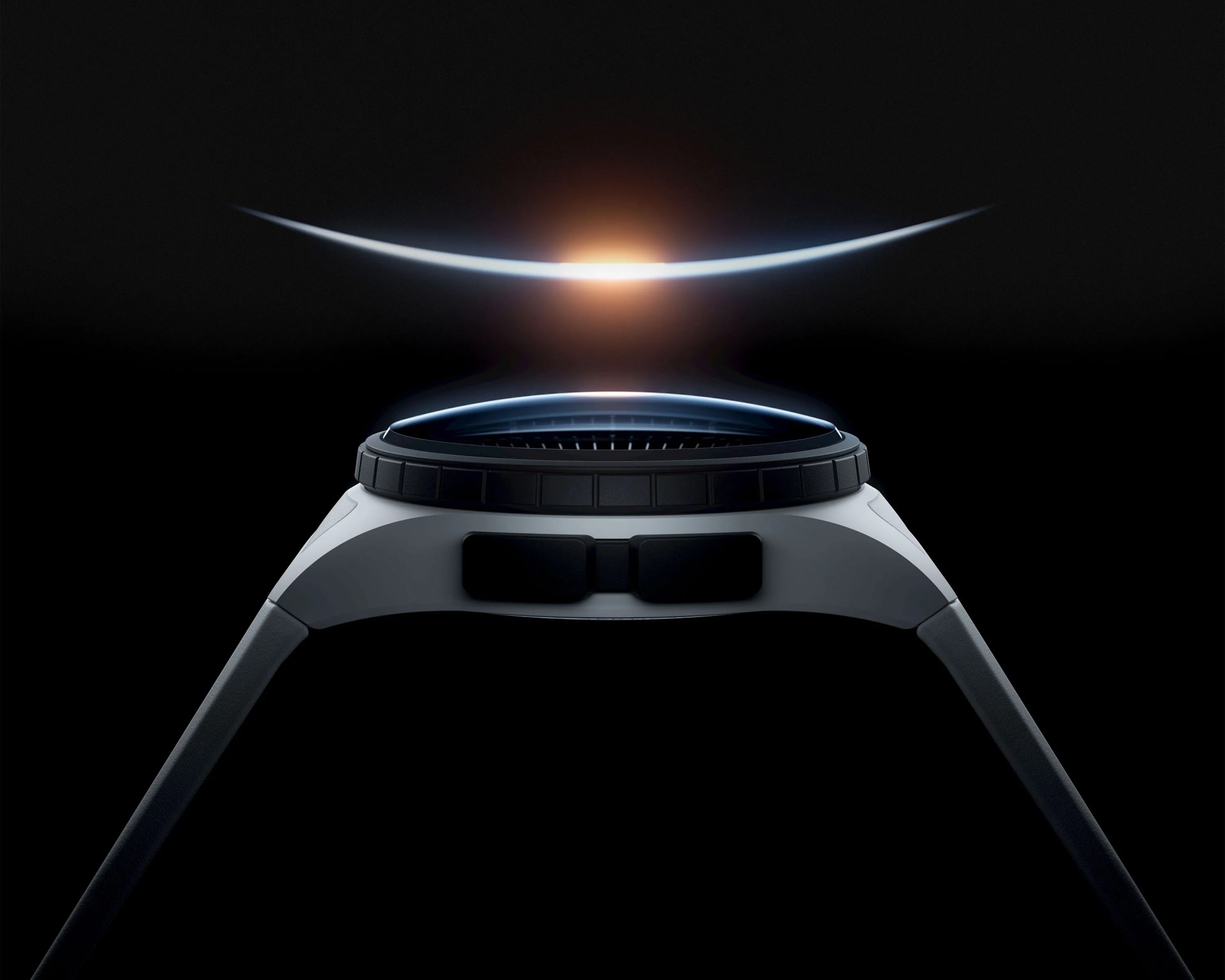 Side view of a sleek black and gray smartwatch with a glowing curved light above it on a black background.