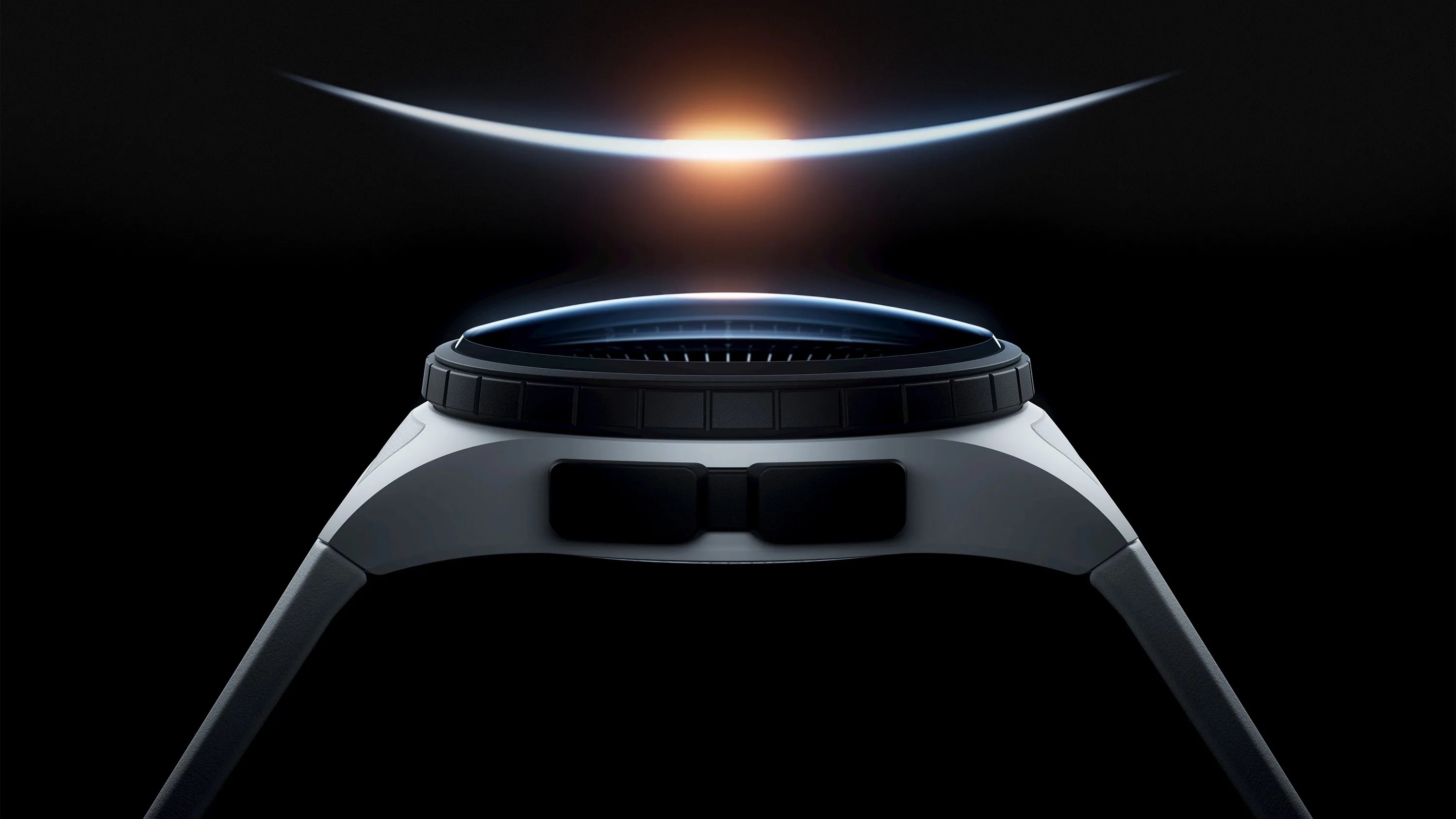 Side view of a sleek black and gray smartwatch with a glowing curved light above it on a black background.
