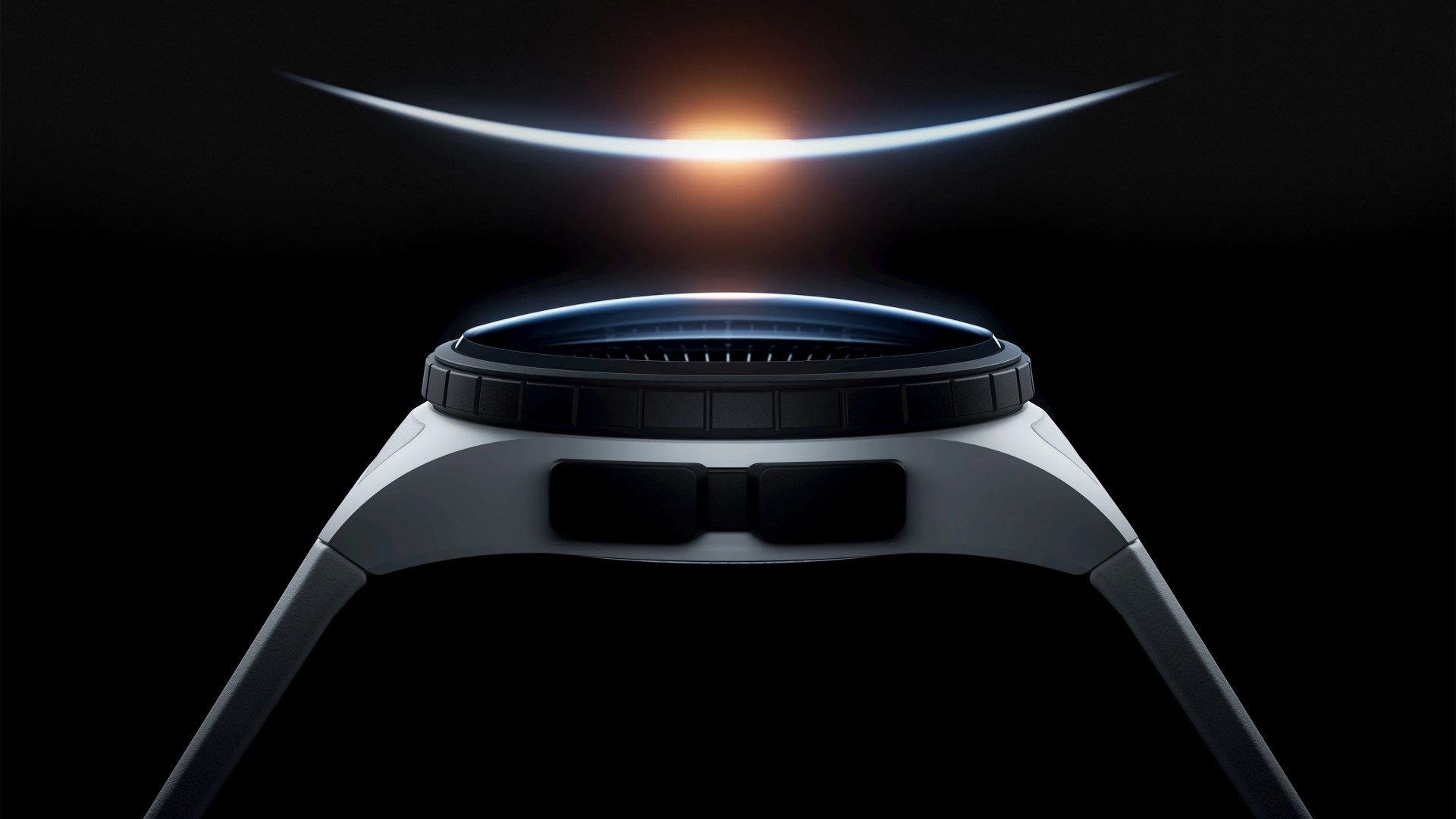 Side view of a sleek black and gray smartwatch with a glowing curved light above it on a black background.