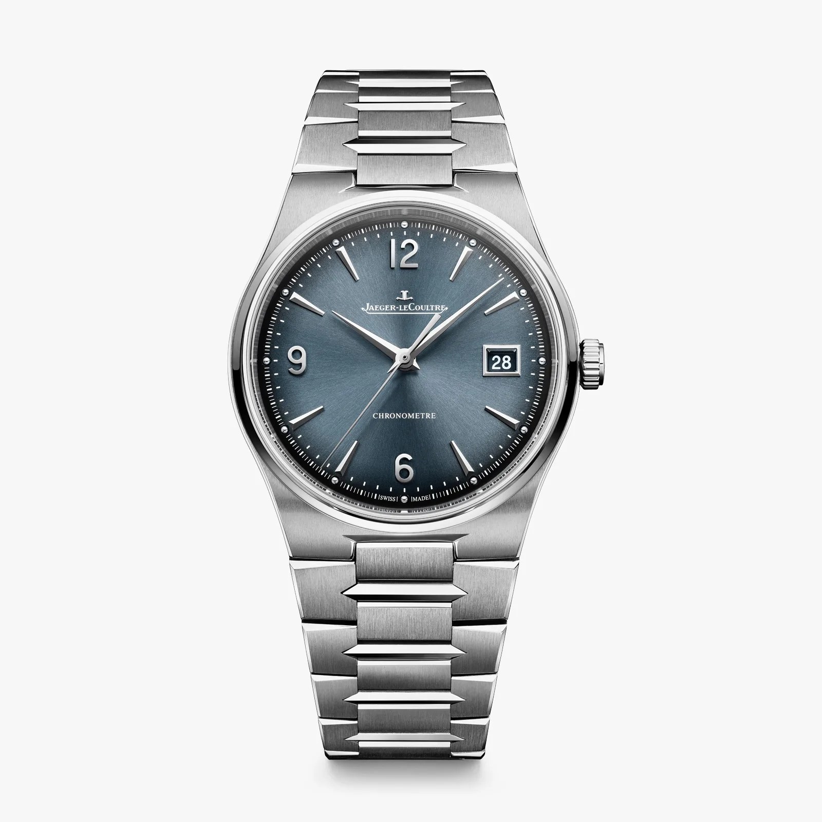 Stainless steel Jaeger-LeCoultre wristwatch with blue sunburst dial, silver hour markers, and date window at 3 o'clock.