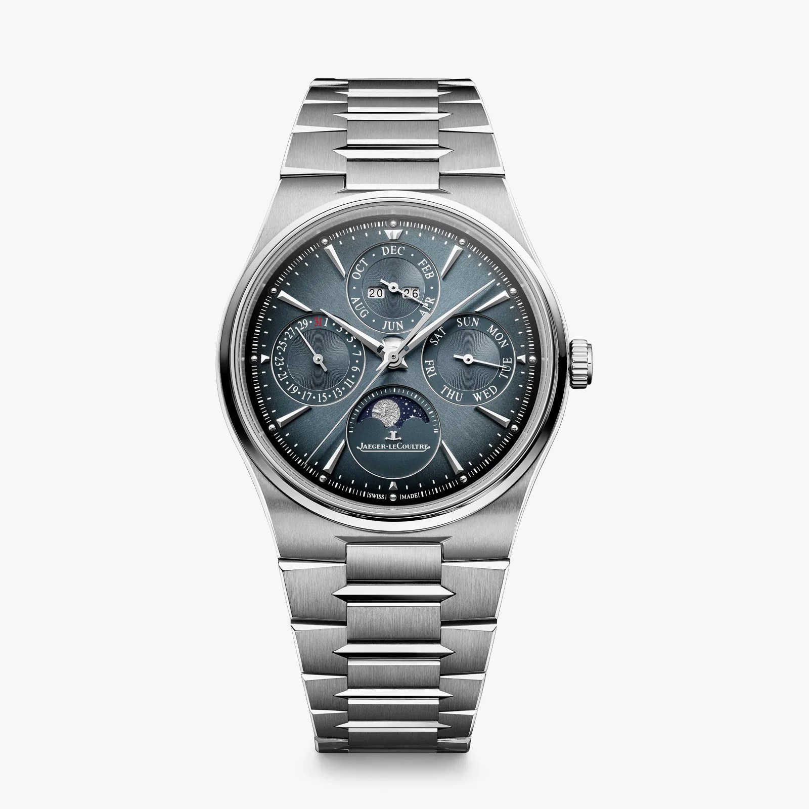 Stainless steel Jaeger-LeCoultre wristwatch with blue dial, multiple subdials, and moon phase indicator.