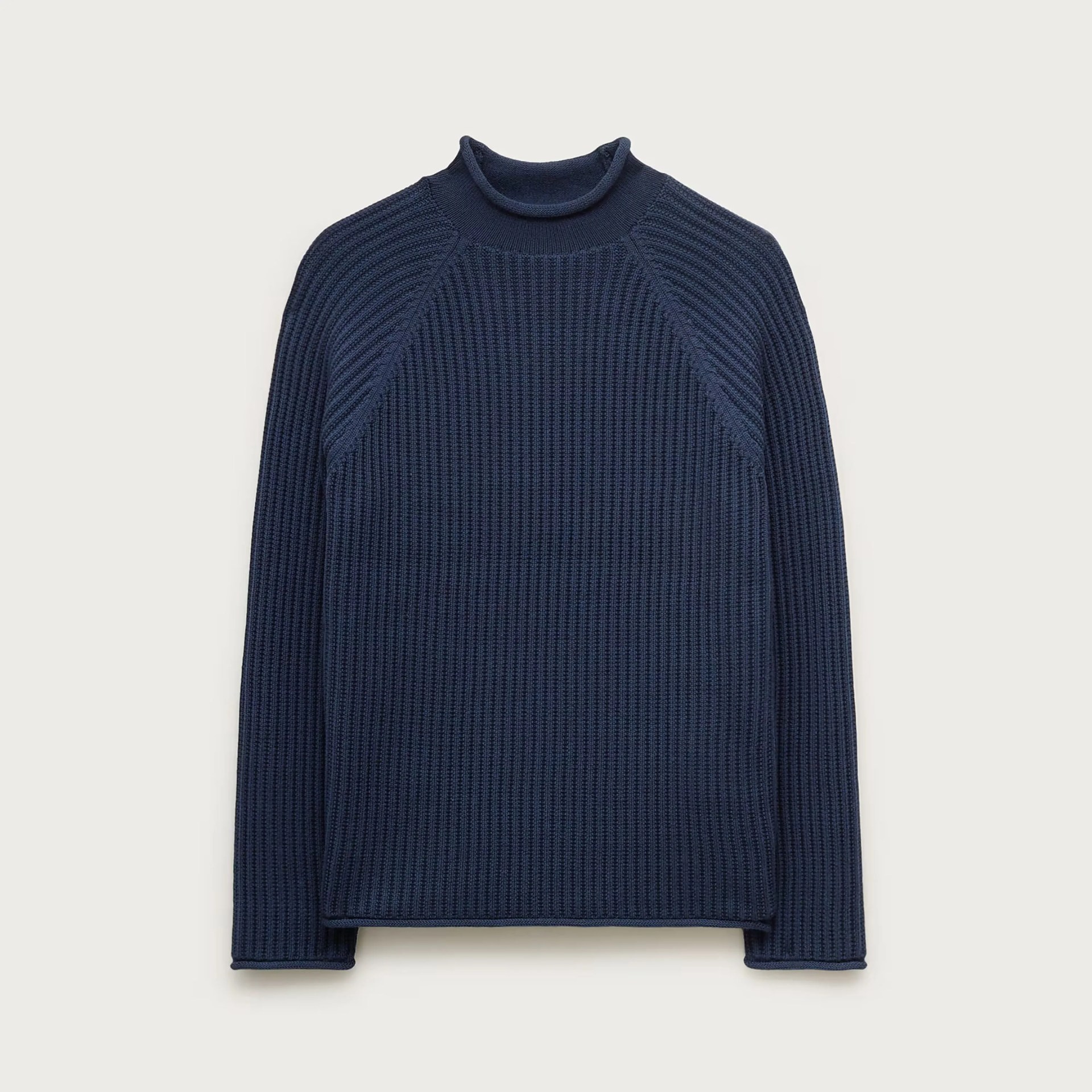 Navy blue ribbed knit sweater with a mock neck and long sleeves.