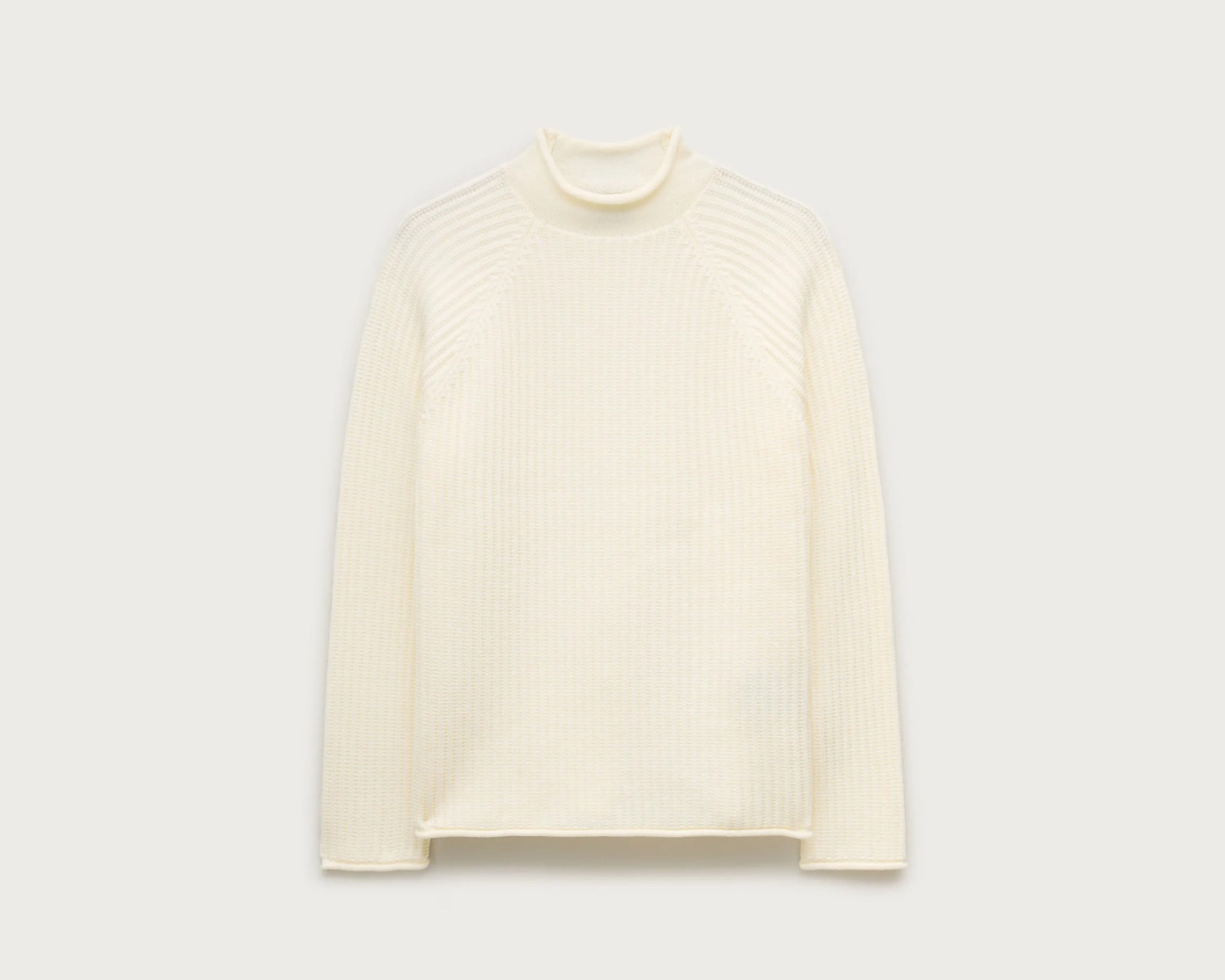 Cream-colored knitted turtleneck sweater with long sleeves and ribbed texture.