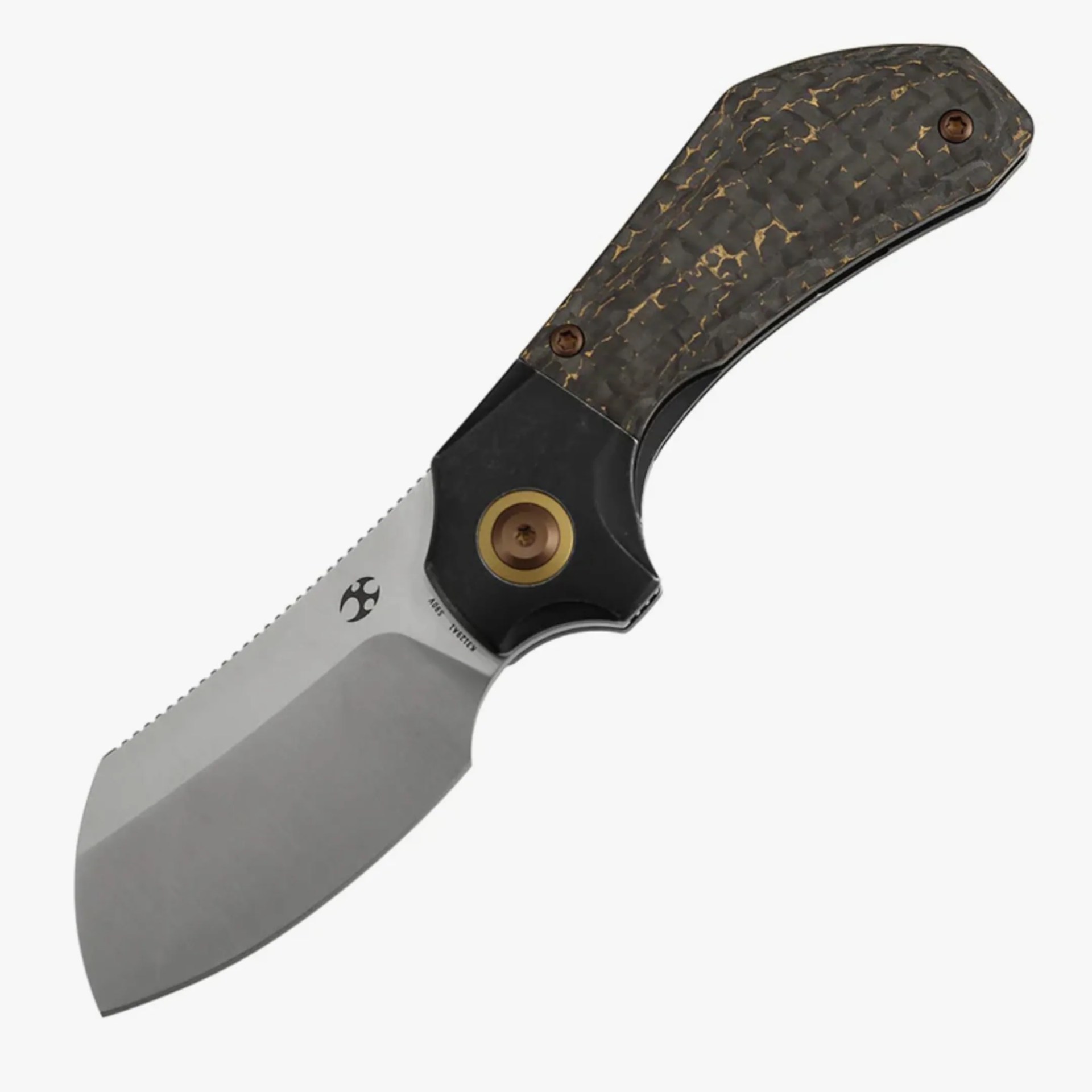Knife with a wide, matte-finished blade and a textured black and gold handle with bronze screws.