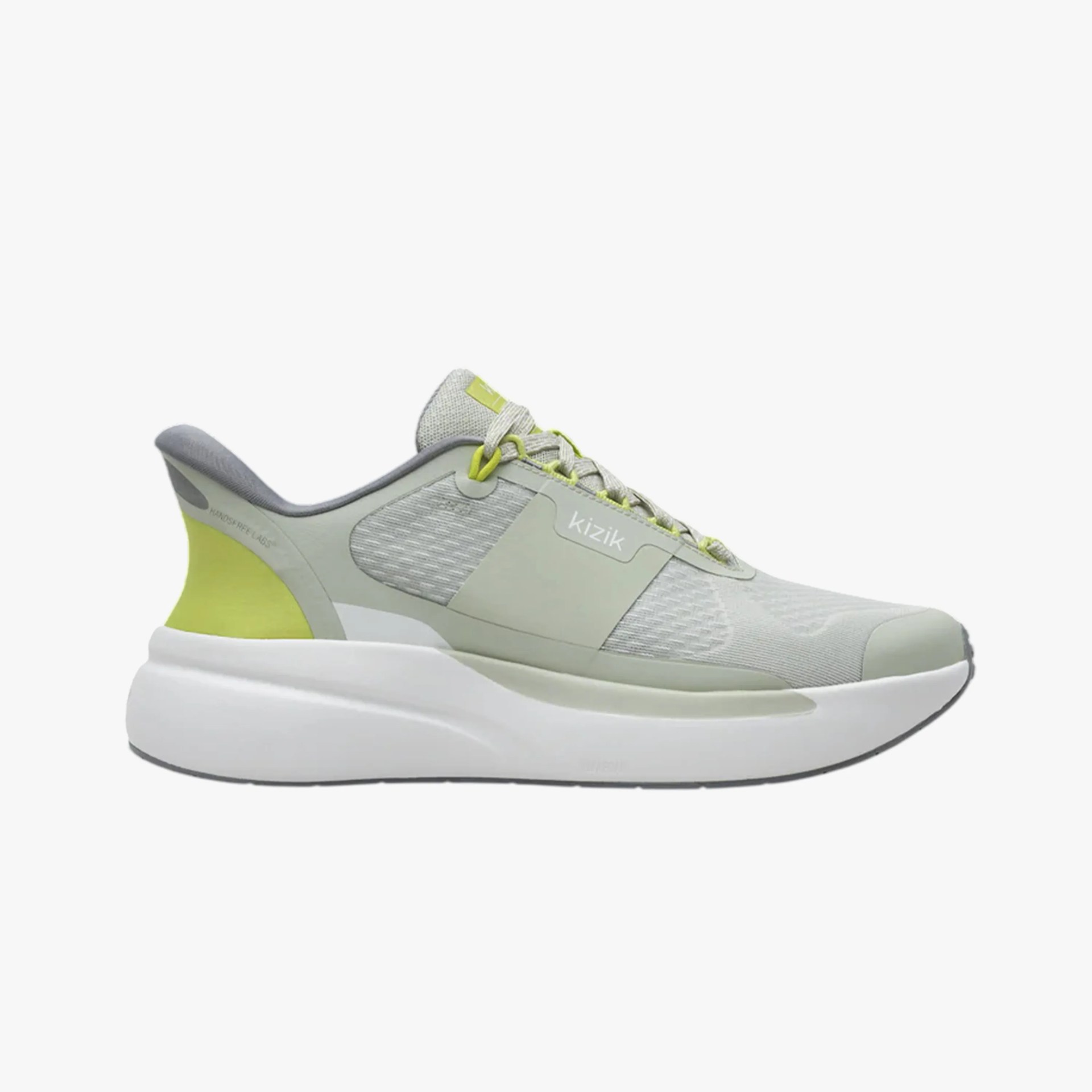 Light gray and lime green athletic sneaker with white thick sole and mesh upper.