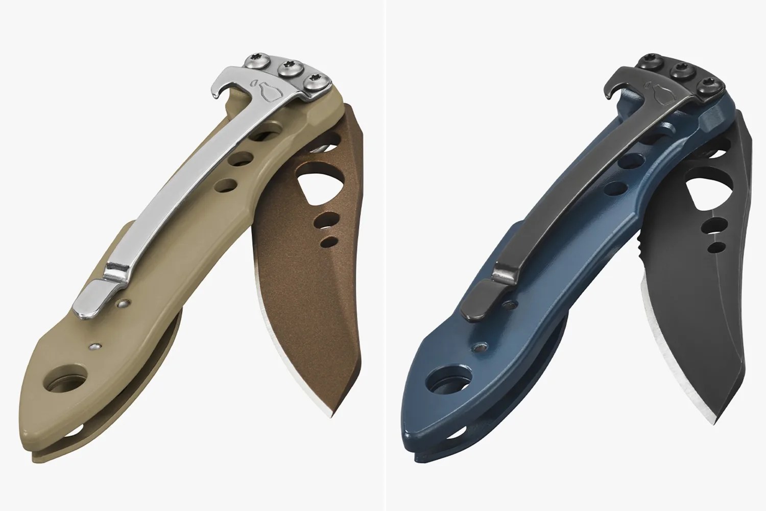 Two folding knives with pocket clips, one with a tan handle and bronze blade, the other with a blue handle and black blade.
