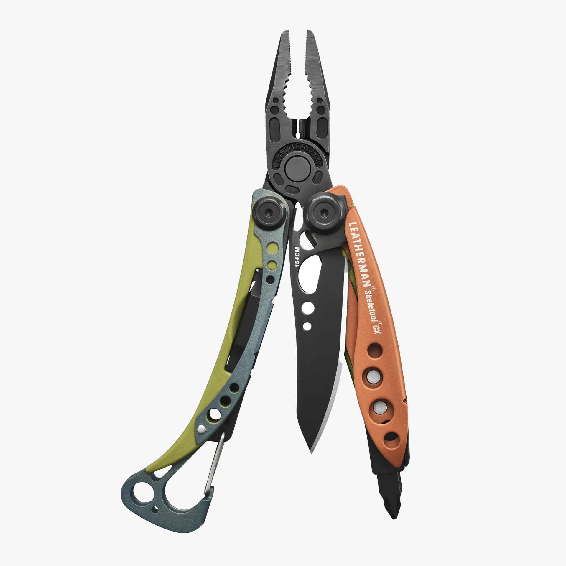 Leatherman Skeletool CX multi-tool with black pliers, knife blade, orange and green handles, and carabiner clip.