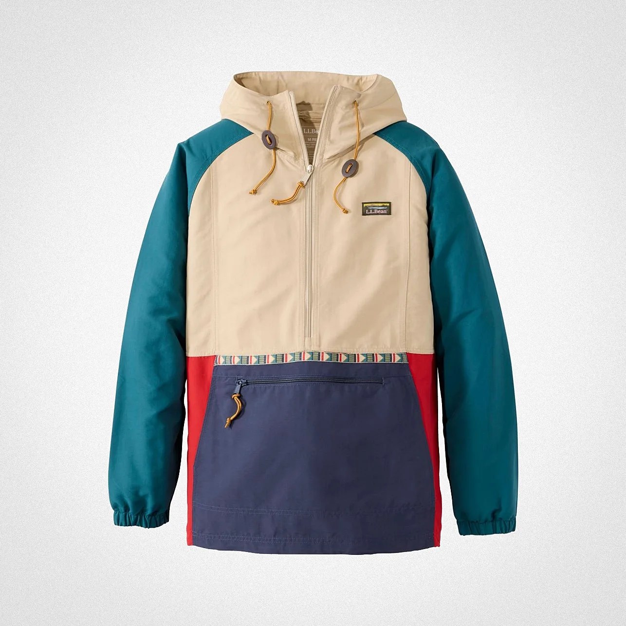 Color-blocked hooded jacket with beige upper, teal sleeves, red side panels, and navy front pocket.