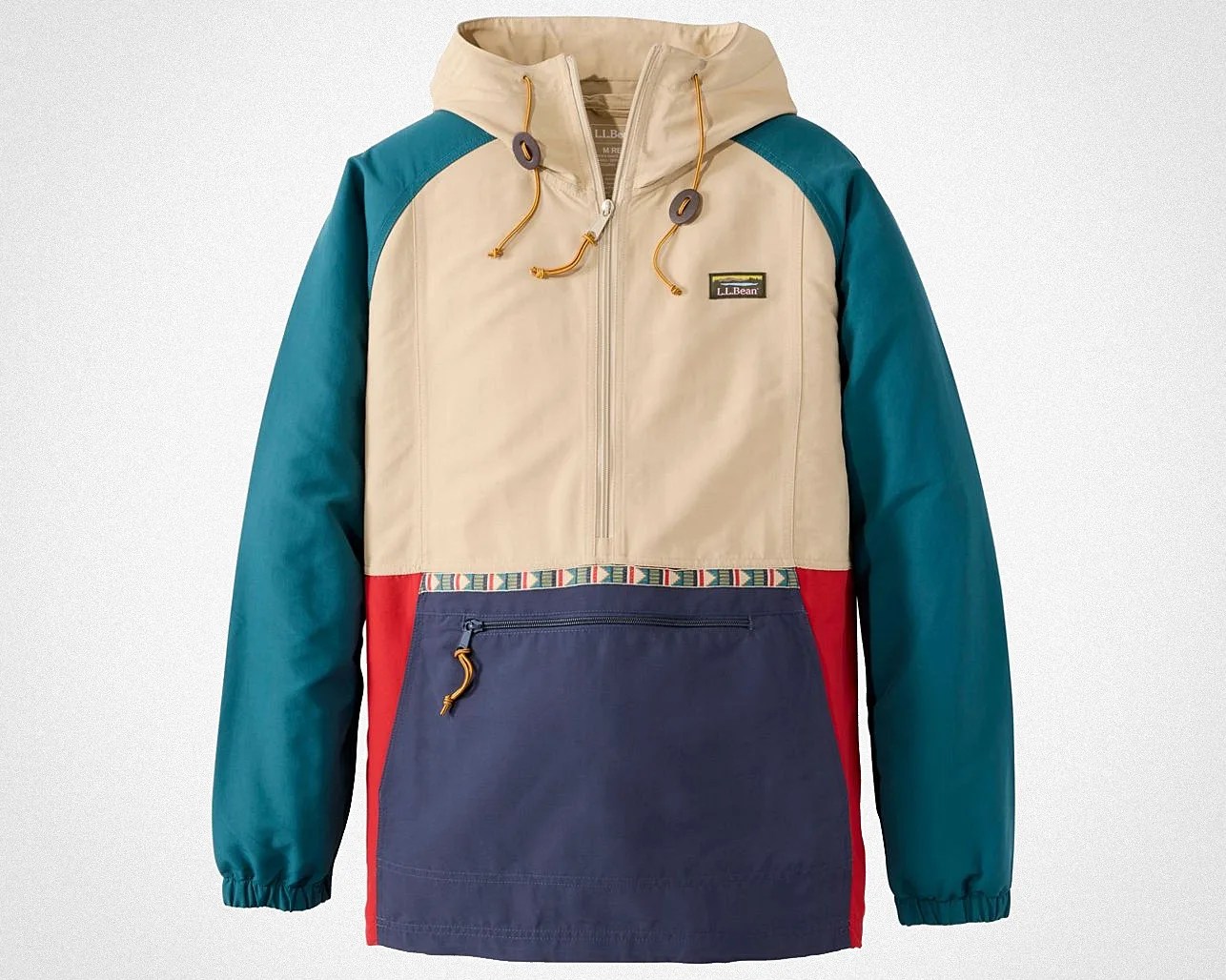 Beige, teal, red, and navy color-blocked hooded jacket with front zipper and zippered pocket.