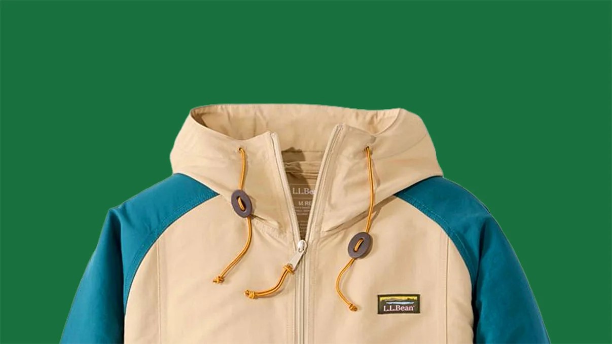 Beige and teal hooded jacket with yellow drawstrings and L.L.Bean logo on the chest.