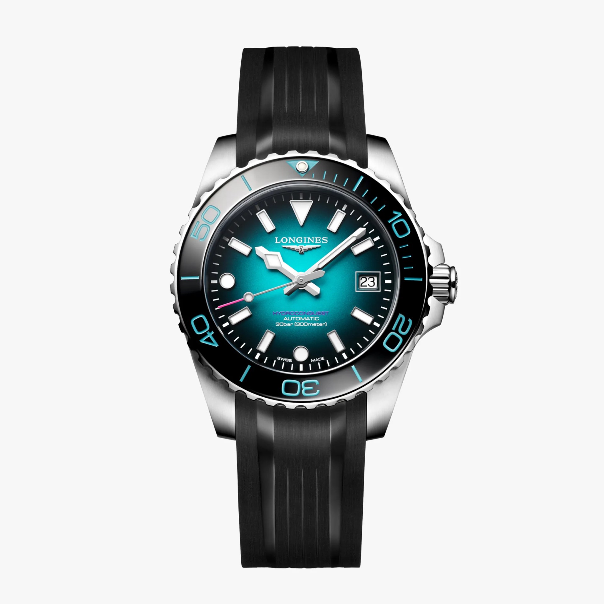 Diver watch with turquoise gradient dial, black bezel with blue markers, date window, and black rubber strap.