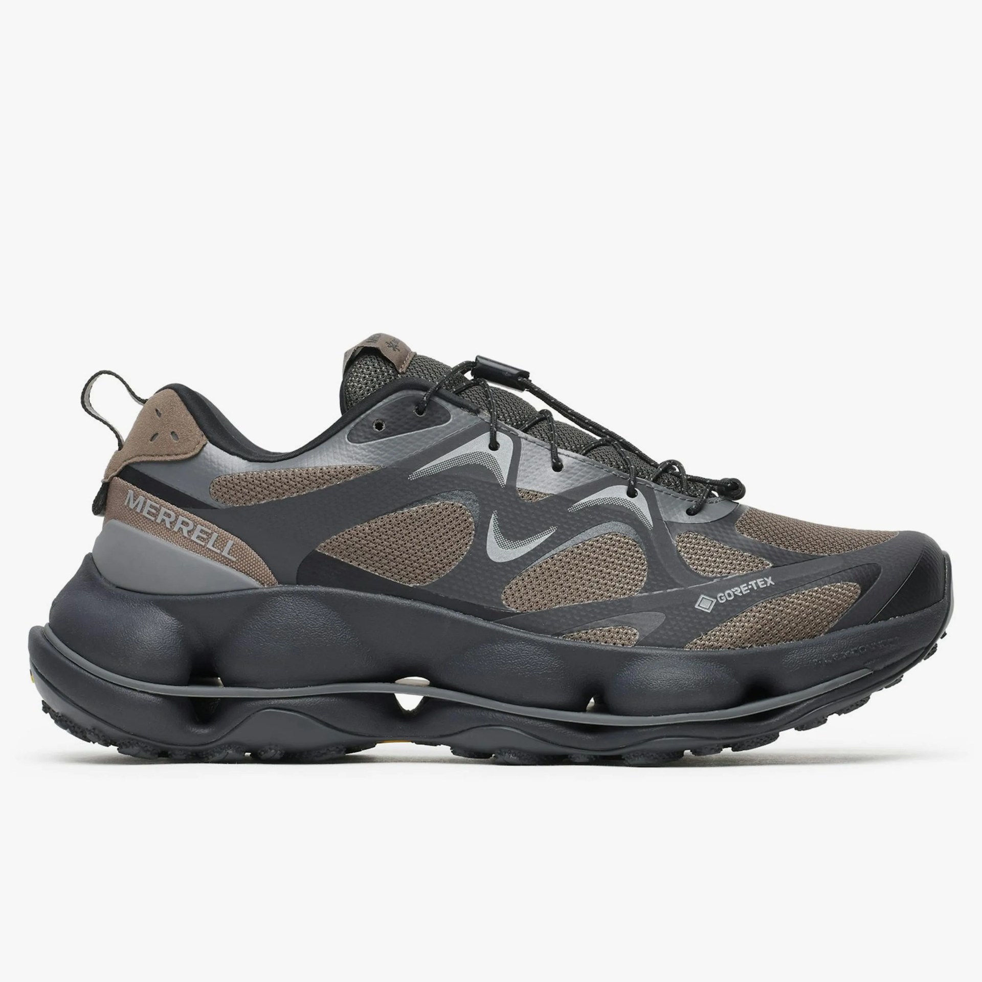Gray and brown Merrell Gore-Tex hiking shoe with black sole and mesh panels.