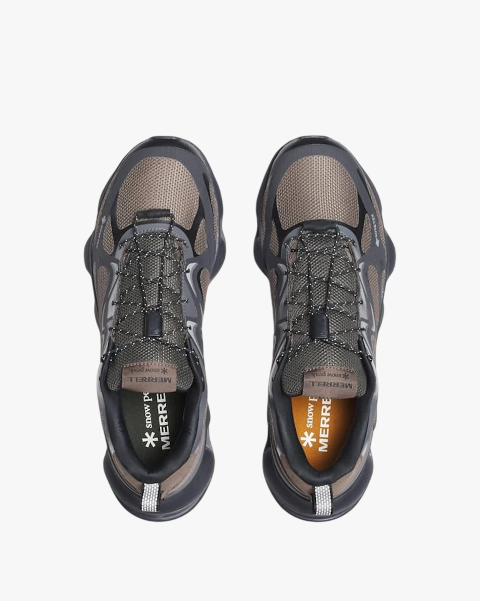Pair of gray and black Merrell hiking shoes with mesh uppers and reflective pull tabs, viewed from above.
