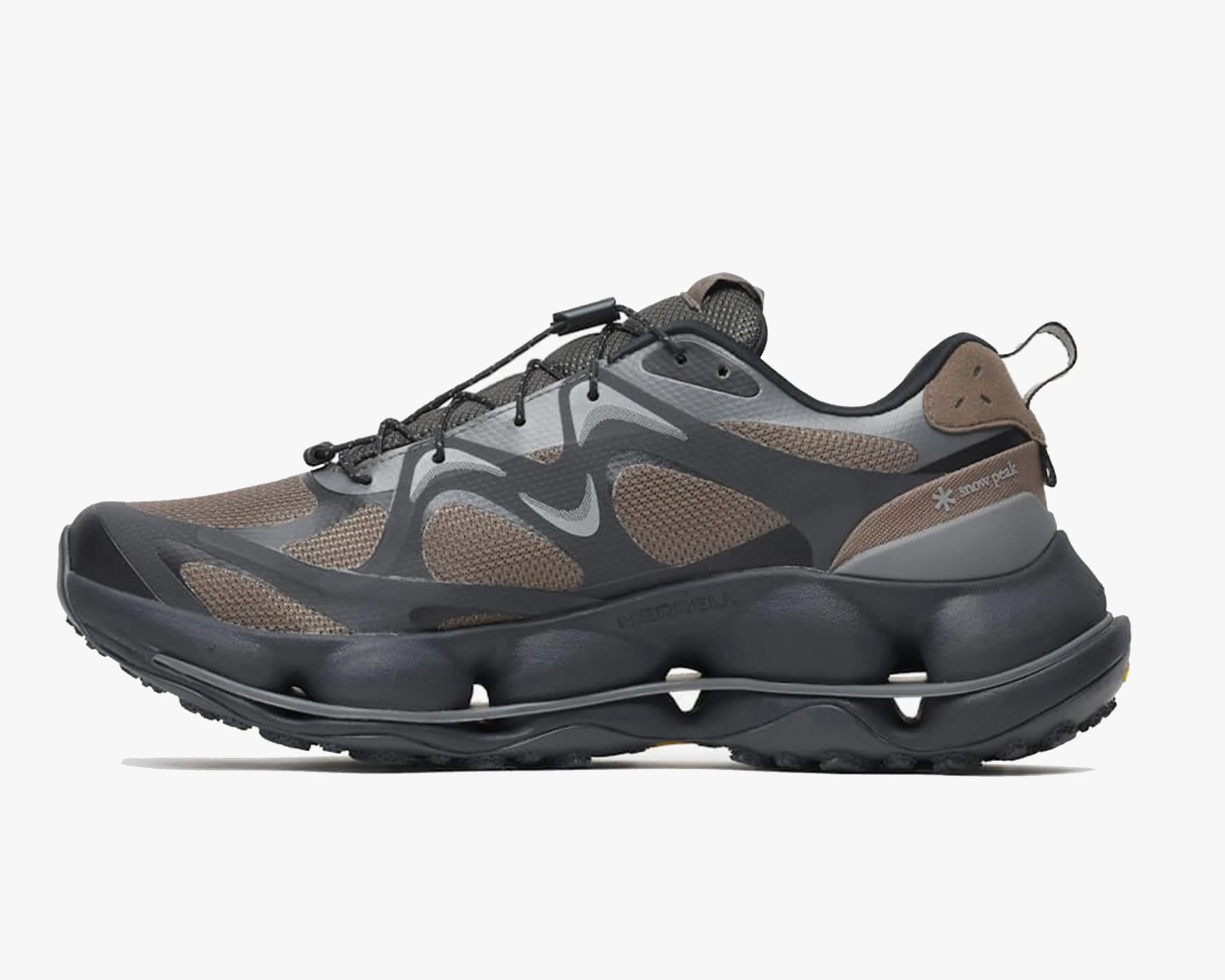 Brown and black athletic sneaker with mesh upper and thick, sculpted sole.