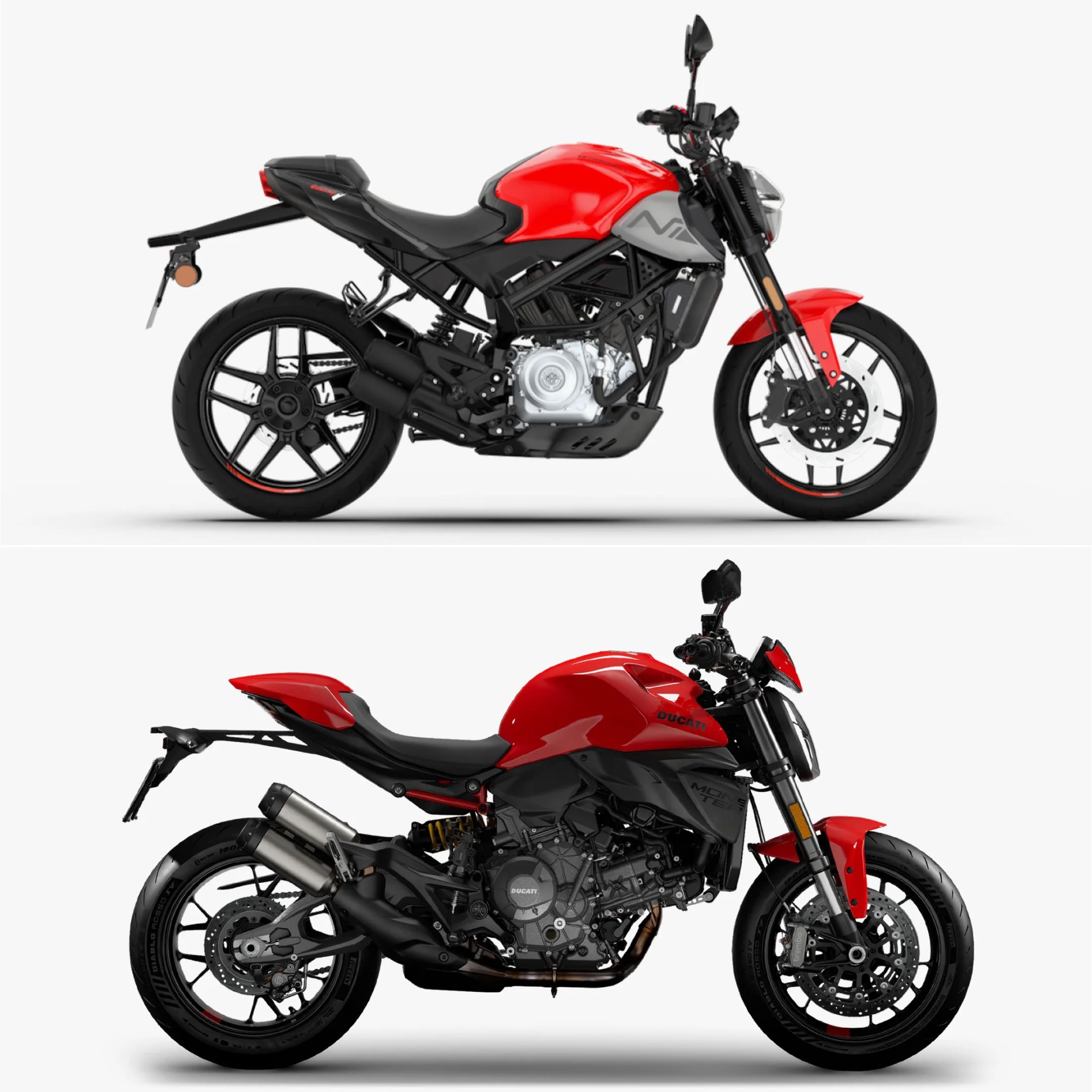 - Red and black motorcycle with a compact frame and exposed engine, featuring a red fuel tank and black seat. - Red Ducati motorcycle with a muscular frame, exposed engine, and black and red detailing.