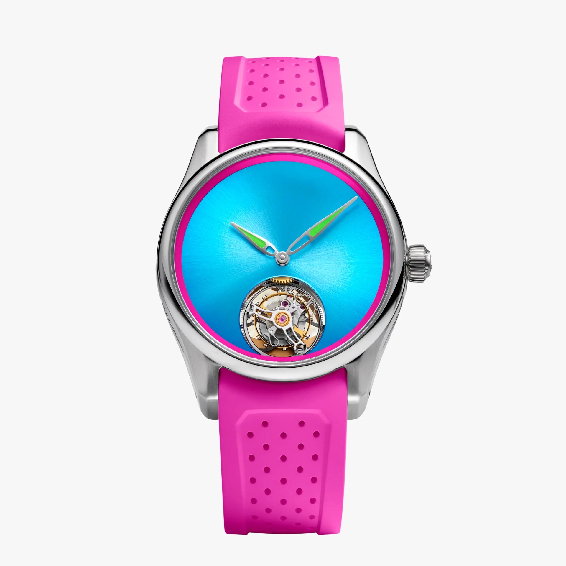 Silver watch with bright blue dial, green-accented hands, visible tourbillon, and pink perforated rubber strap.