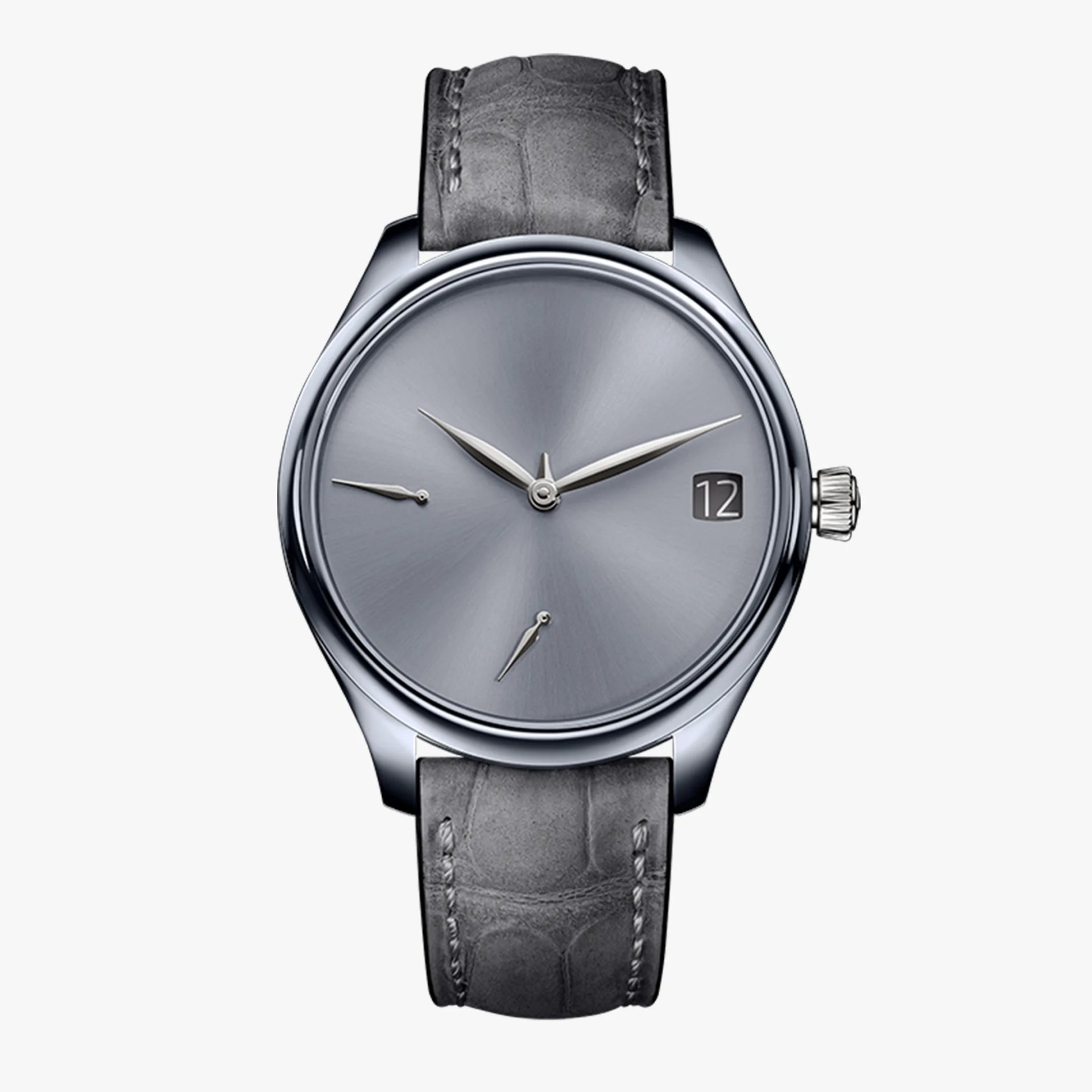 Silver watch with a smooth gray dial, date window at 3 o'clock, and gray leather strap.