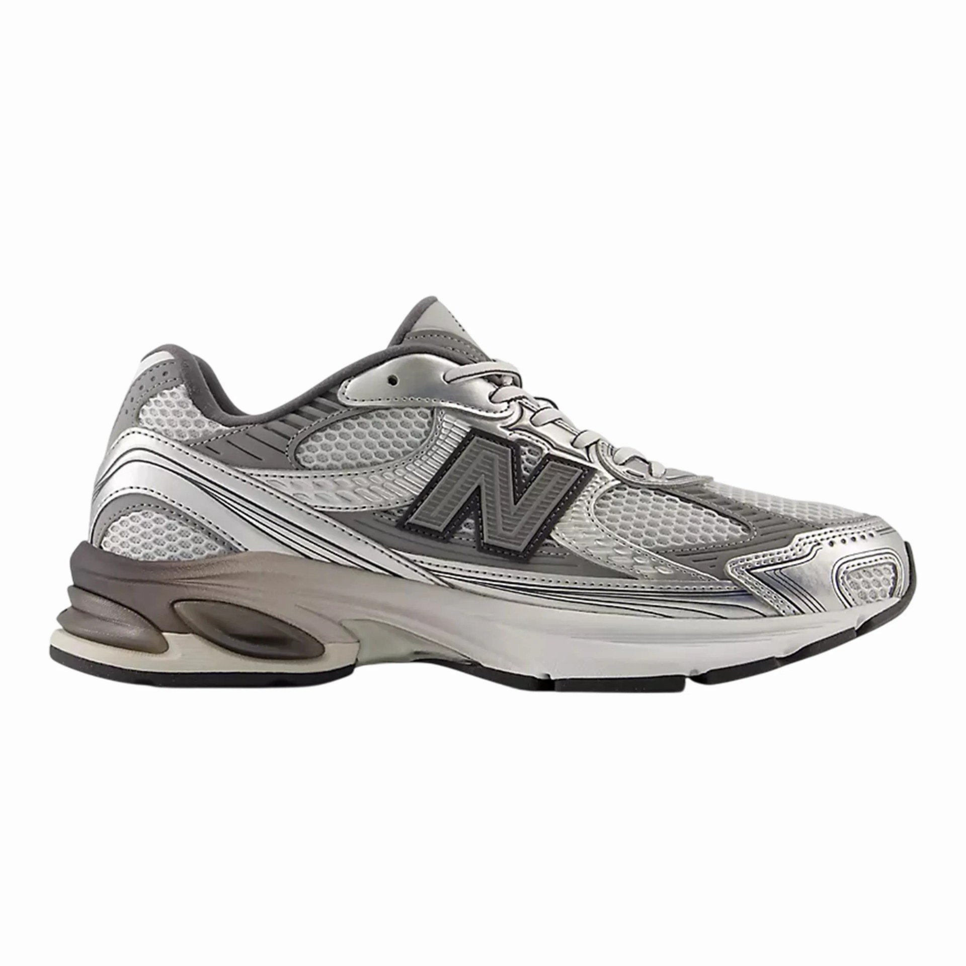 Silver and gray New Balance running shoe with mesh panels and cushioned sole.