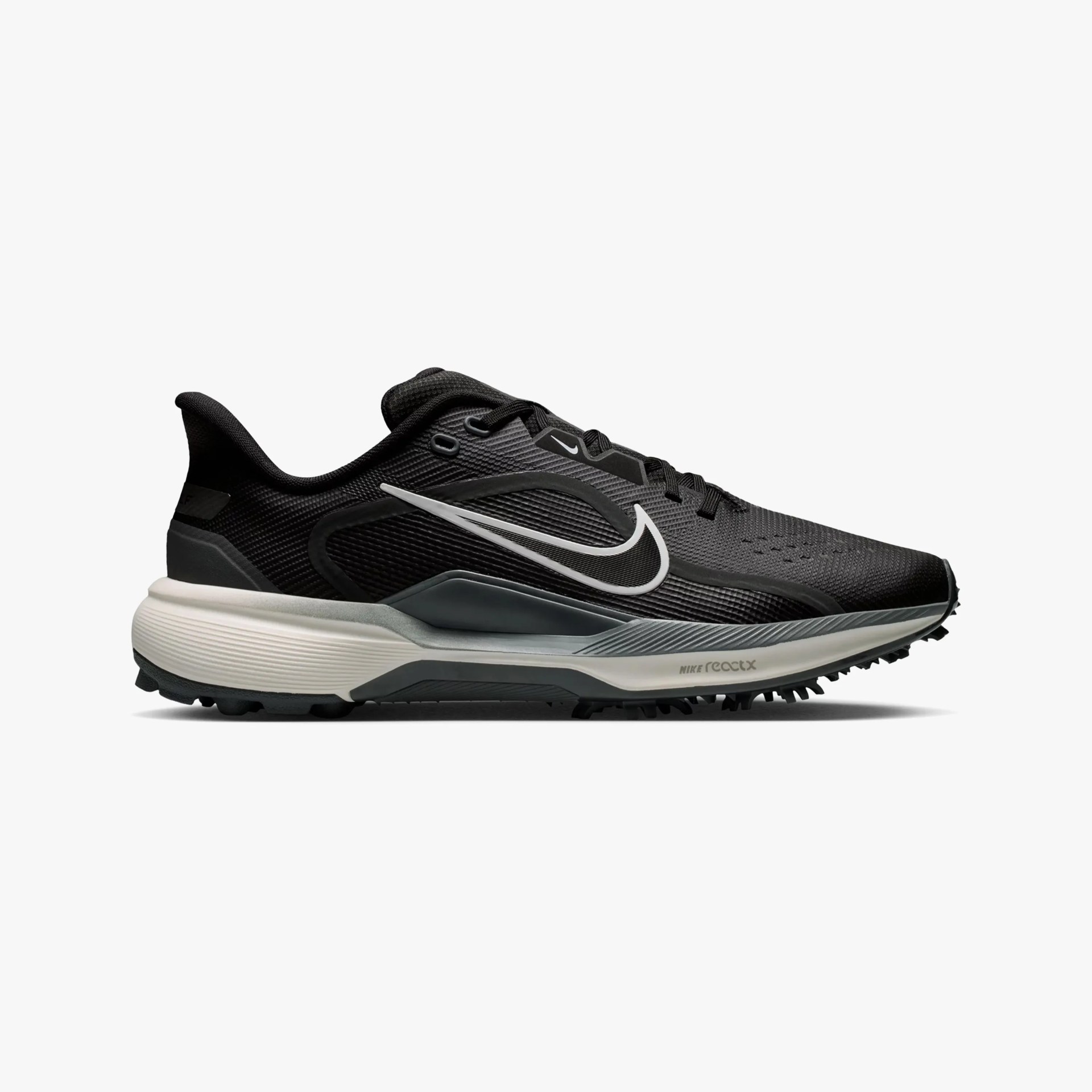 Black Nike React running shoe with white sole and silver swoosh logo on side.