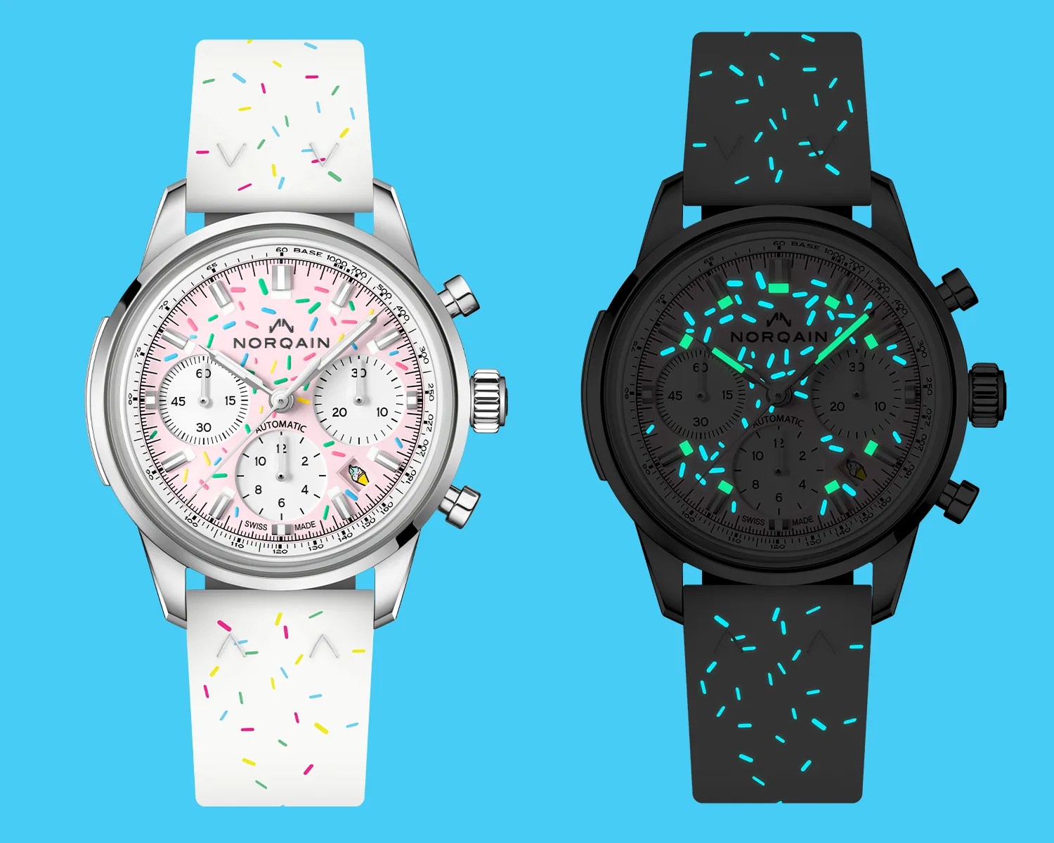 Two Norqain chronograph watches side by side, one with a silver case, white dial, and white strap with colorful sprinkles, the other with a black case, black dial, and black strap with glowing blue sprinkles.