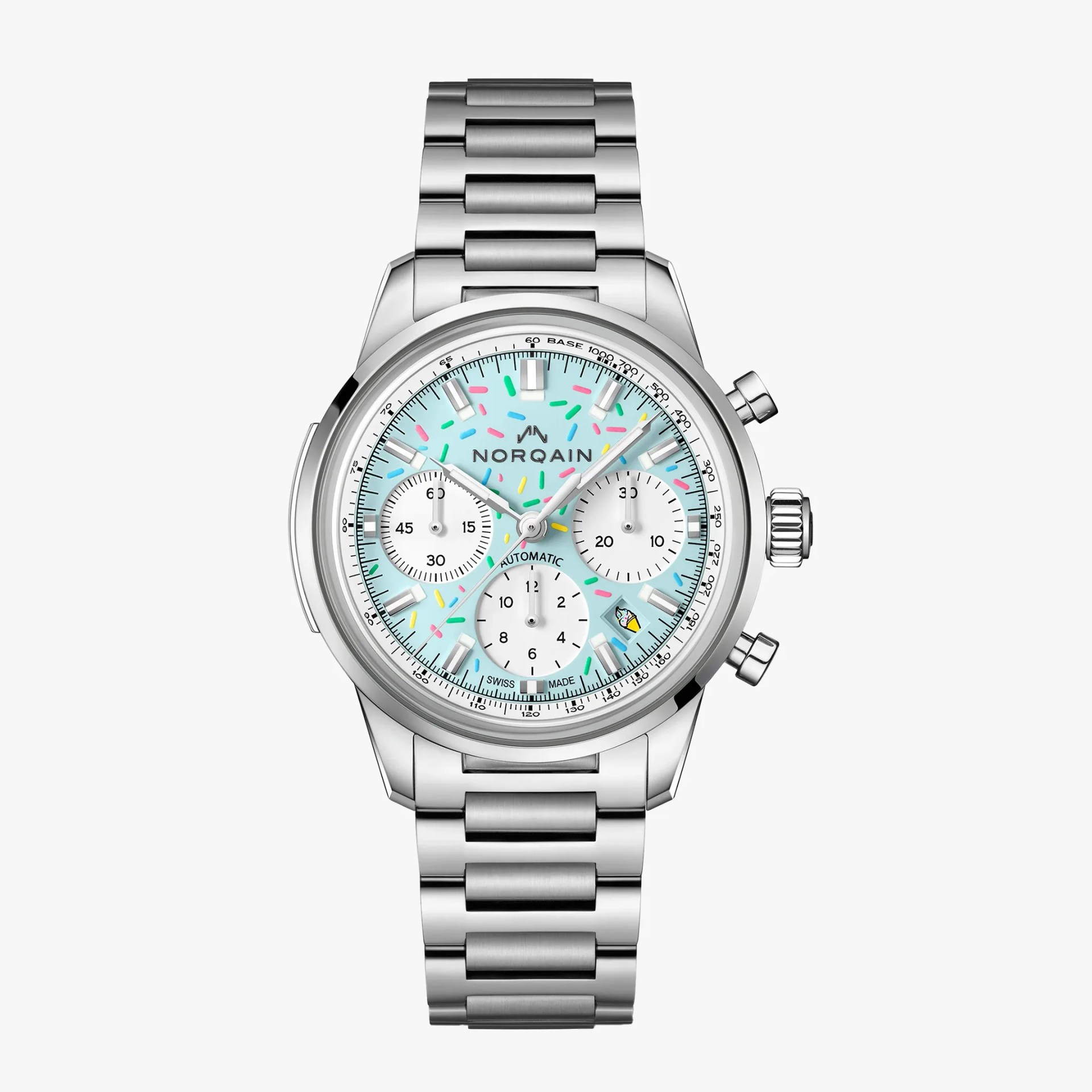 Stainless steel Norqain wristwatch with a light blue dial decorated with colorful sprinkles and three white subdials.