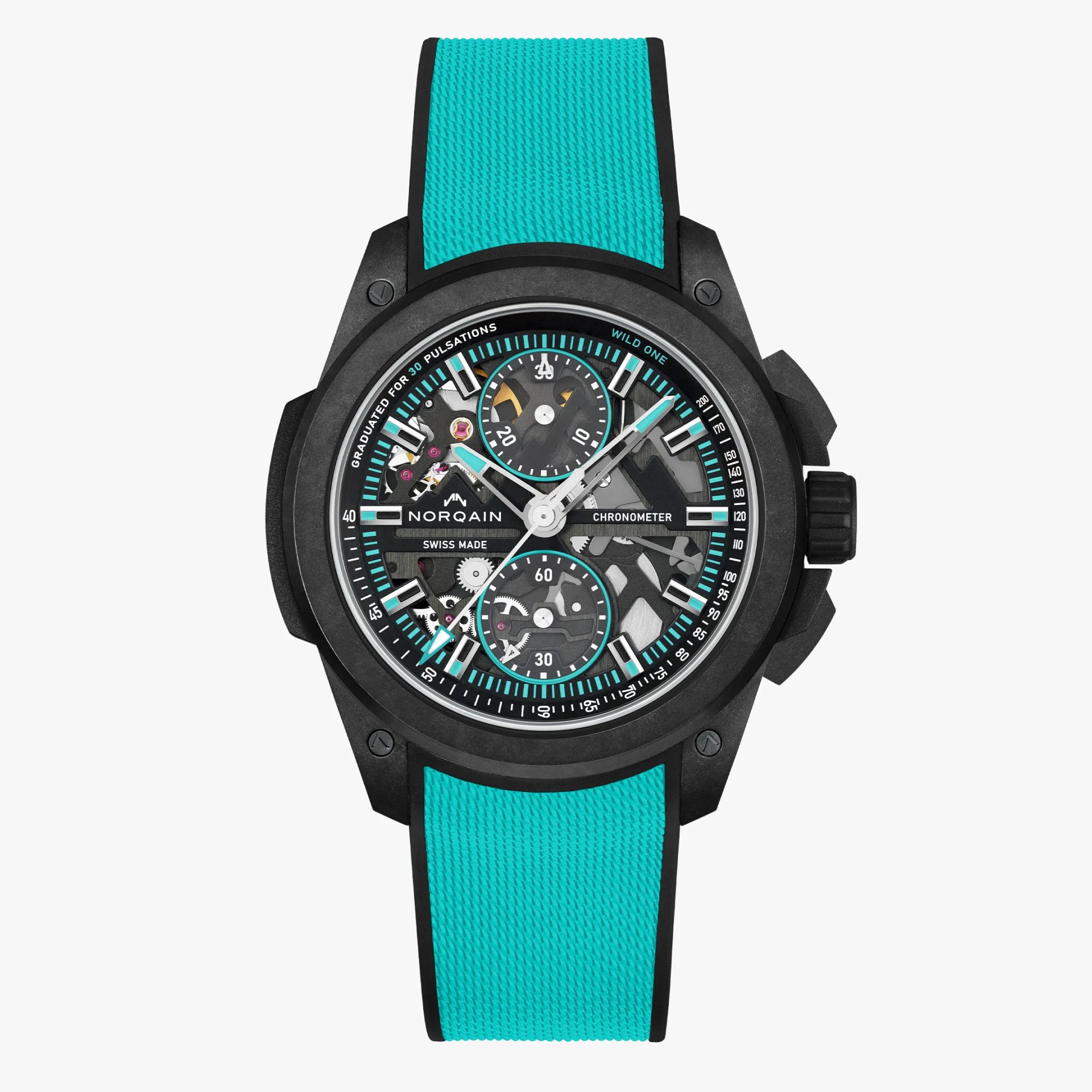 Black Norqain chronometer watch with turquoise accents and textured turquoise strap.
