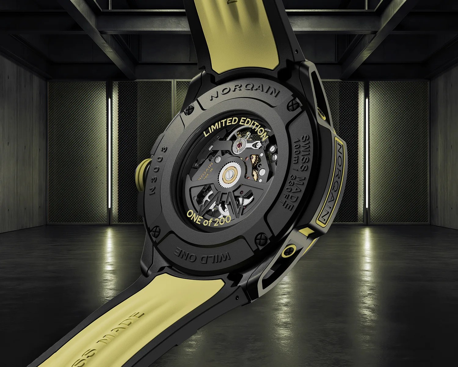 Back of a black Norqain wristwatch with yellow strap showing mechanical movement and "Limited Edition One of 200" text.