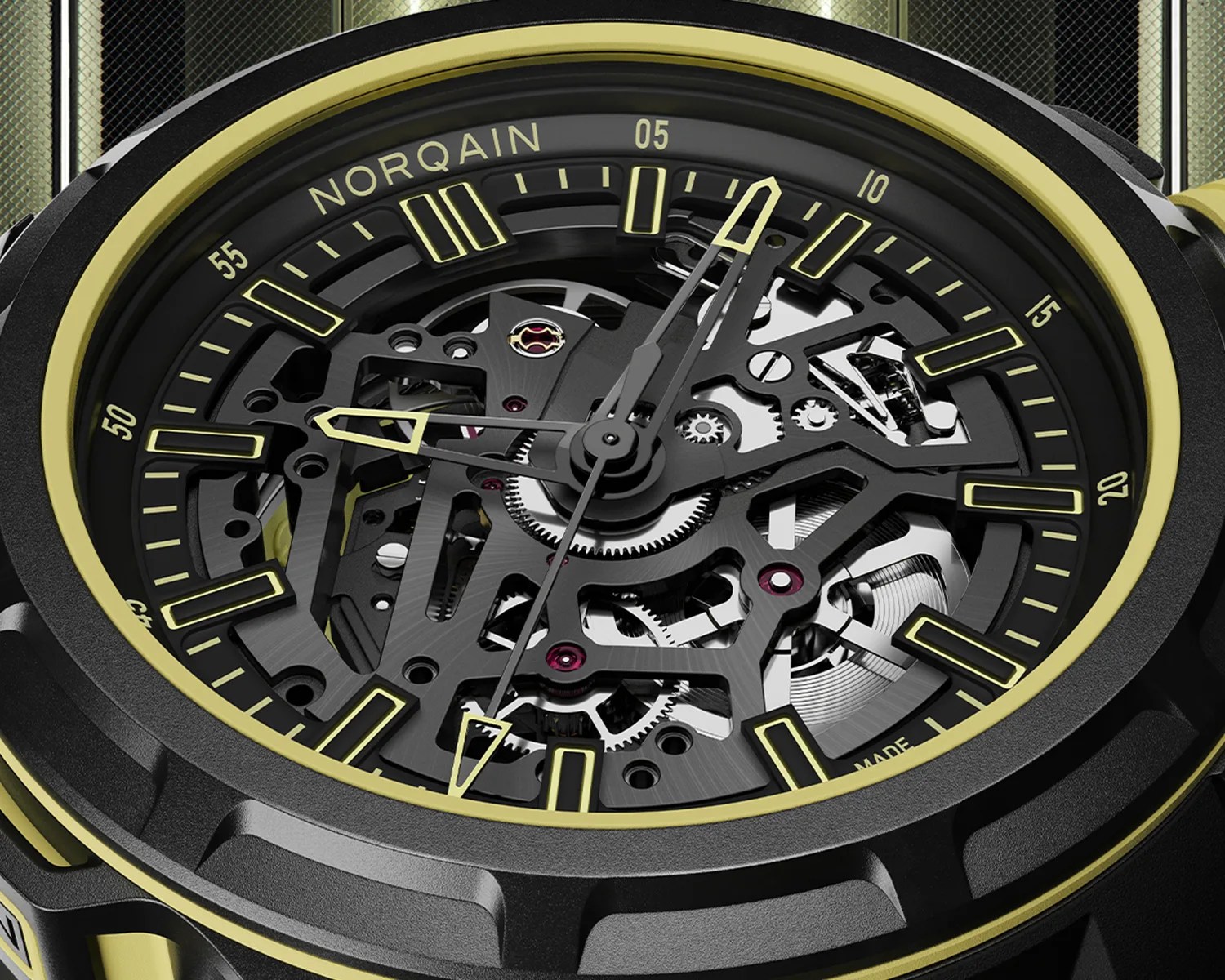 Black and yellow Norqain skeleton watch face showing visible gears and mechanical components.