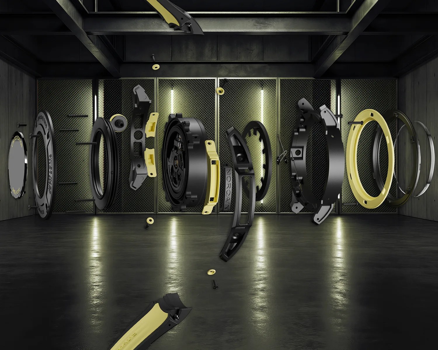 Exploded view of a black and yellow mechanical watch with multiple circular and curved components suspended in a dark industrial setting.